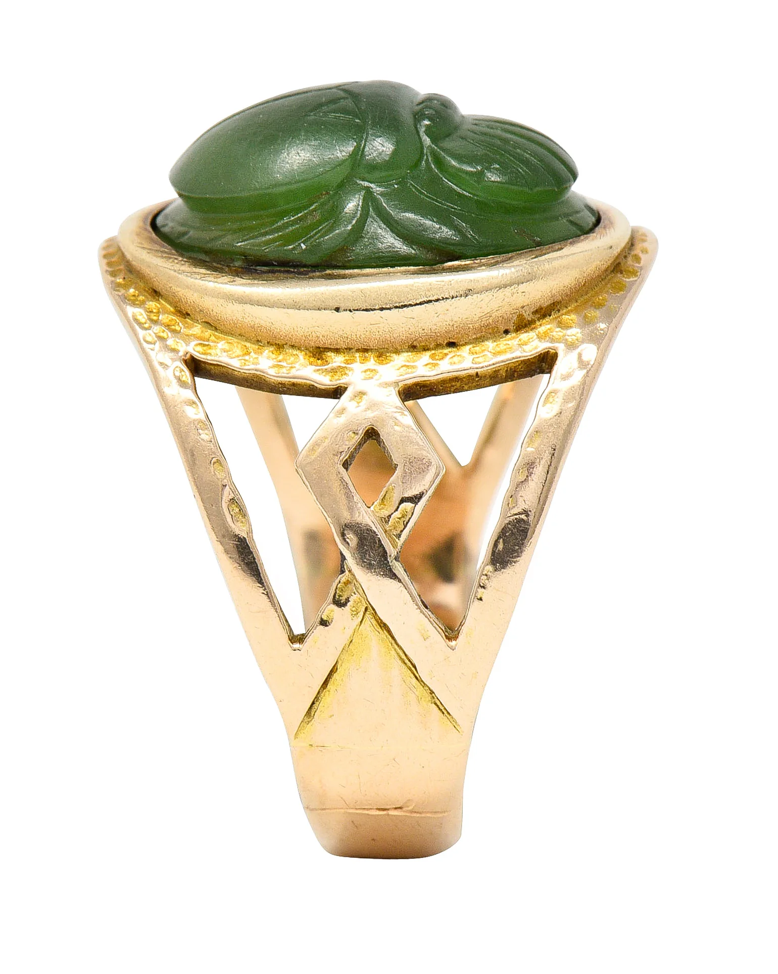 Victorian Egyptian Revival Carved Nephrite 14 Karat Yellow Gold Antique Scarab Ring - Image 10