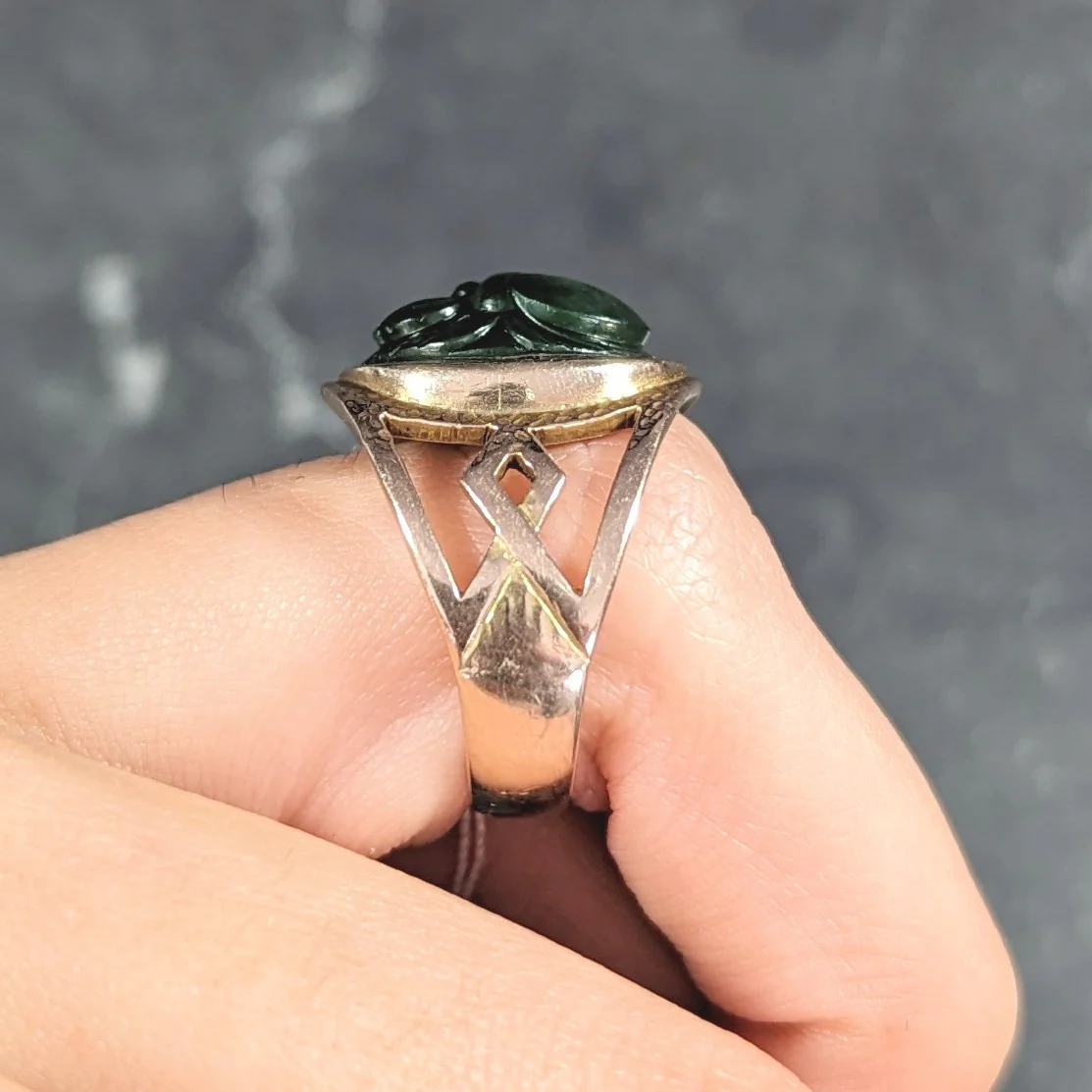 Victorian Egyptian Revival Carved Nephrite 14 Karat Yellow Gold Antique Scarab Ring - Image 14