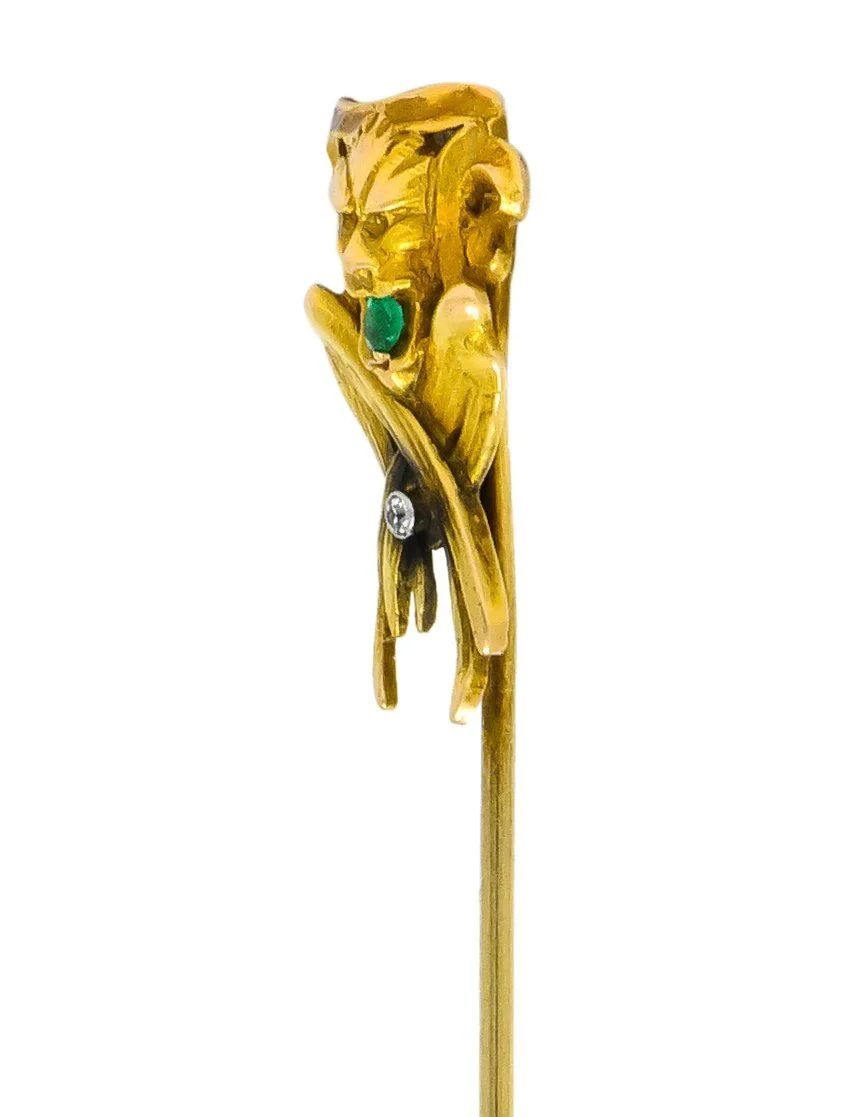 Victorian Emerald Diamond 14 Karat Gargoyle Stickpin - Image 2