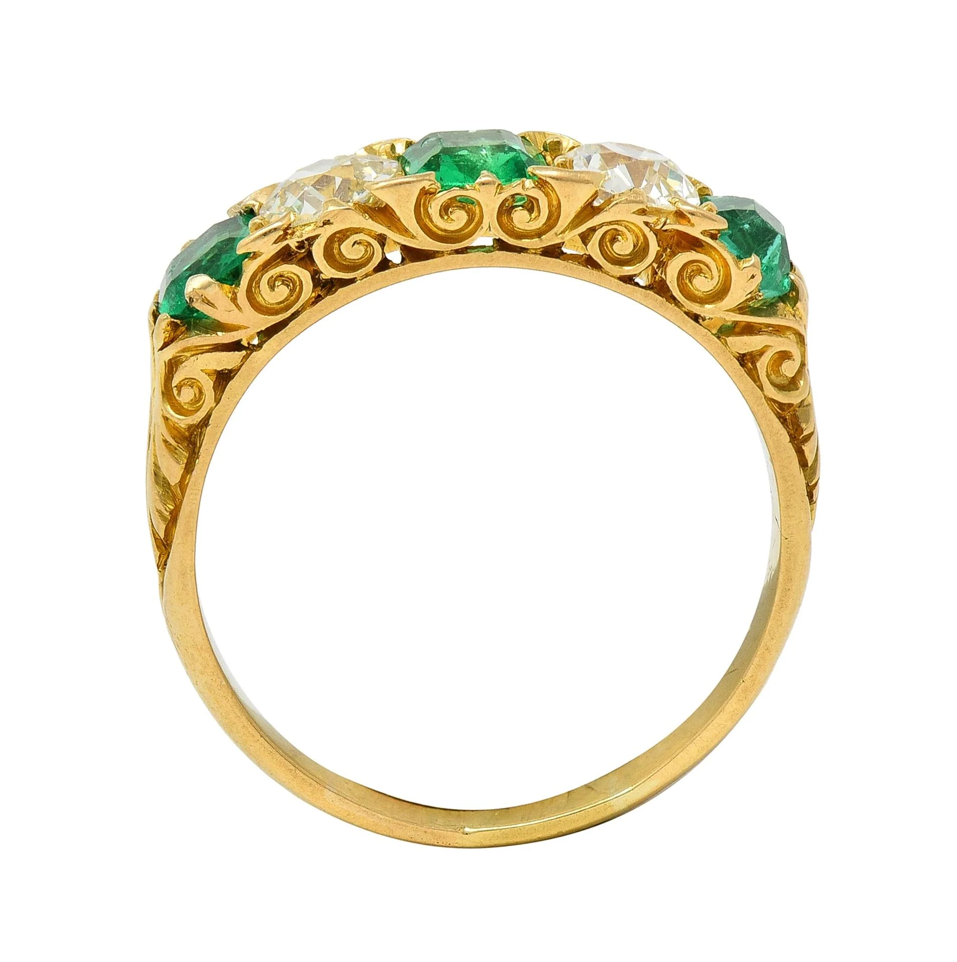 Victorian Emerald Diamond 18 Karat Yellow Gold Scrolling Five Stone Antique Band Ring - Image 11