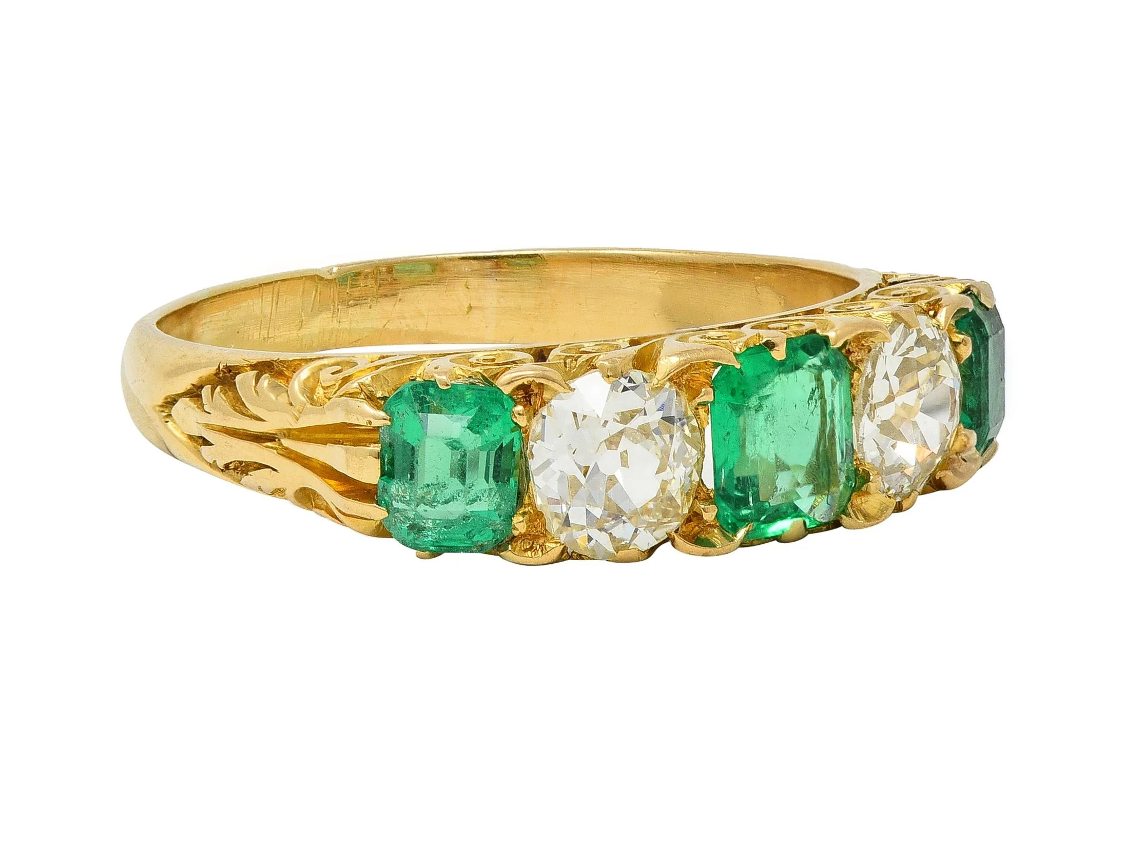 Victorian Emerald Diamond 18 Karat Yellow Gold Scrolling Five Stone Antique Band Ring - Image 2
