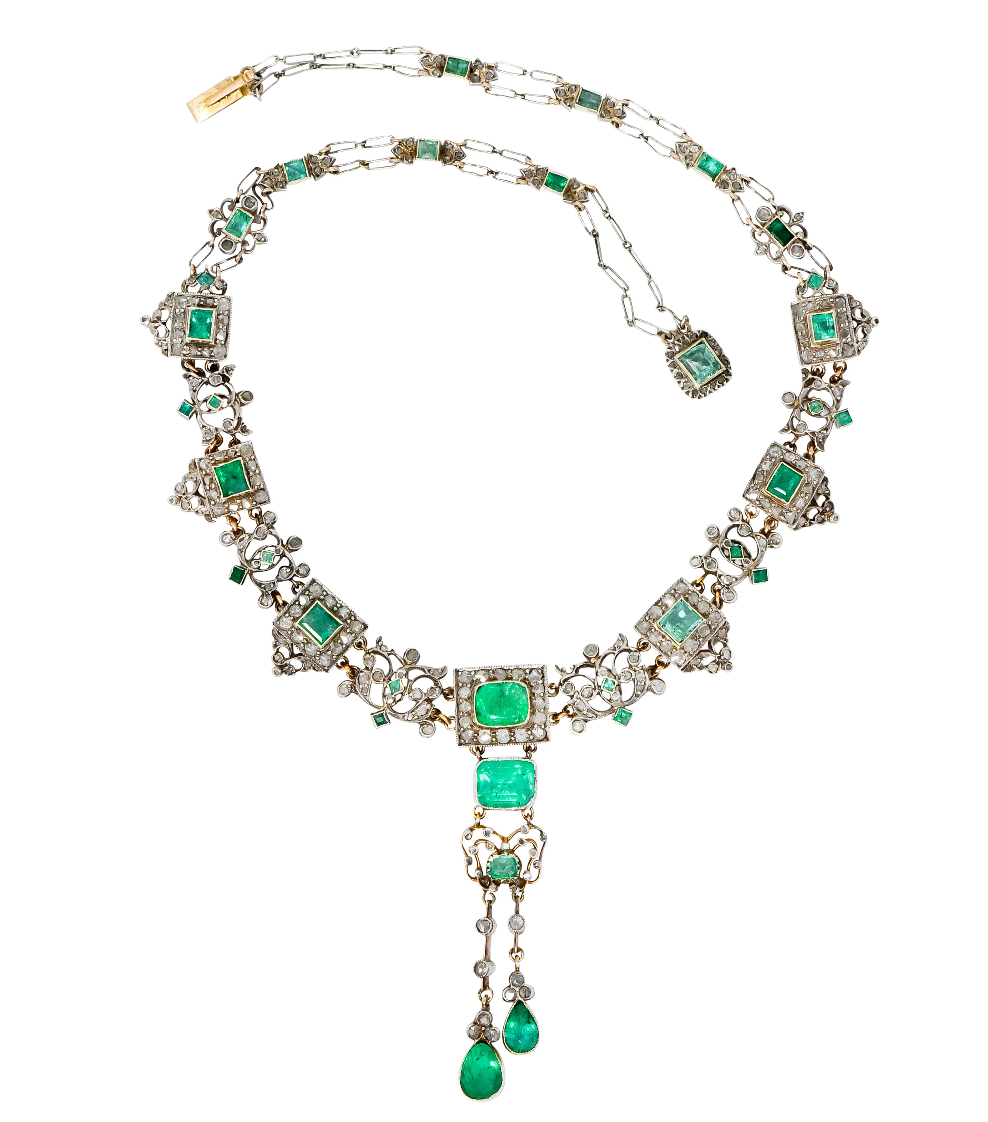 Victorian Emerald Rose Cut Diamond Silver-Topped 14 Karat Gold Collar Necklace - Image 2
