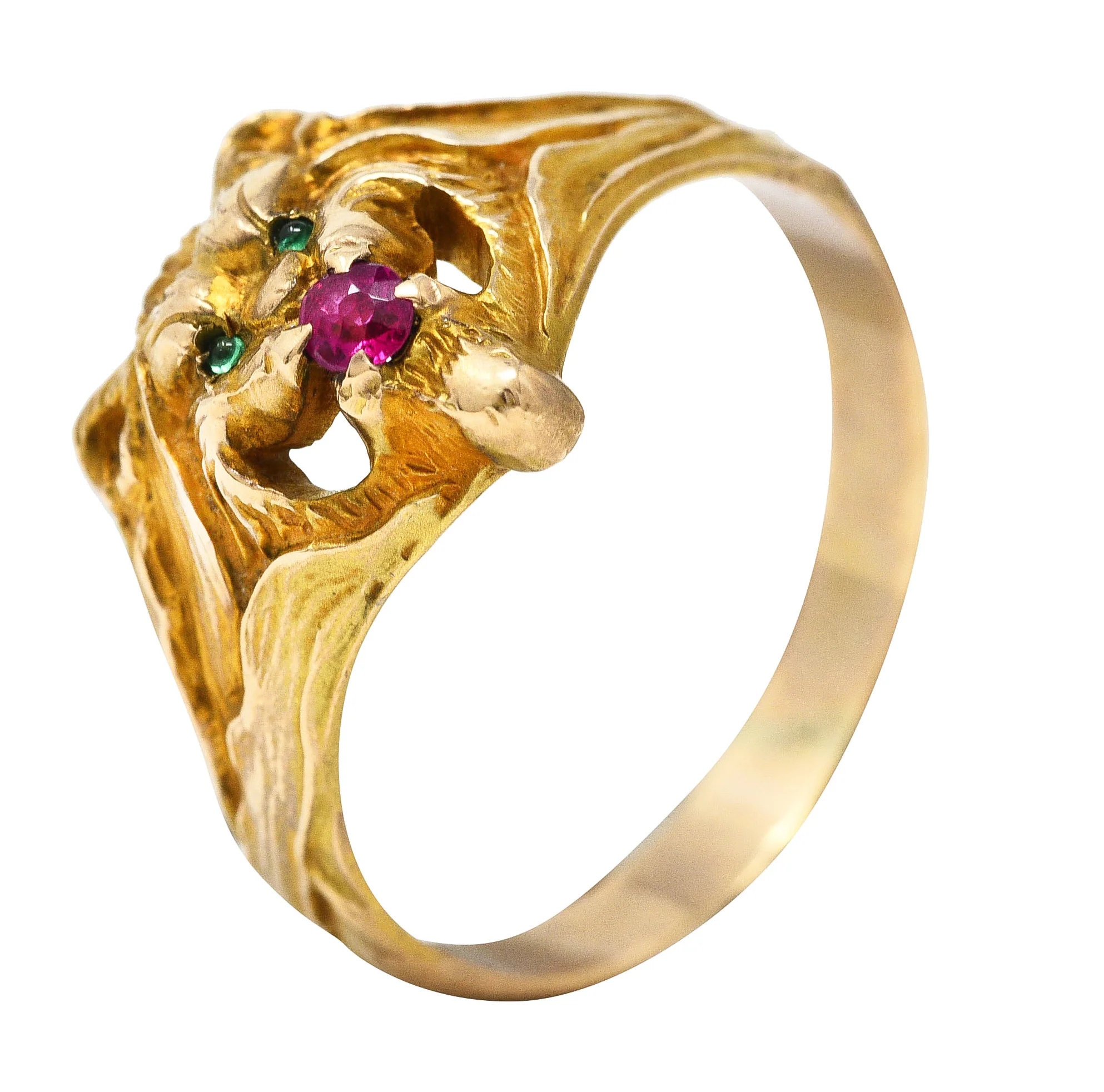 Victorian Emerald Ruby 14 Karat Yellow Gold Lion Grotesque Antique Ring - Image 8