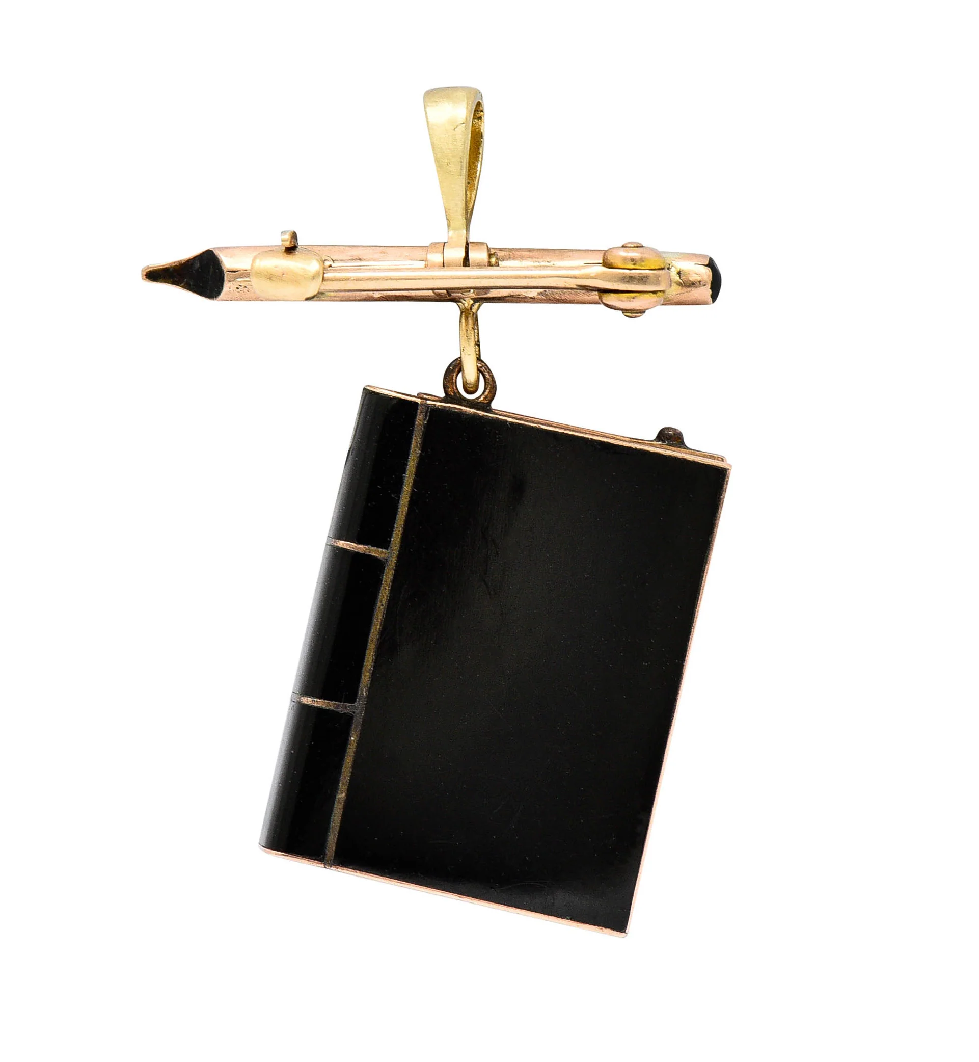 Victorian Enamel 14 Karat Rose Gold Pen Notebook Heart Locket Pendant Brooch - Image 7