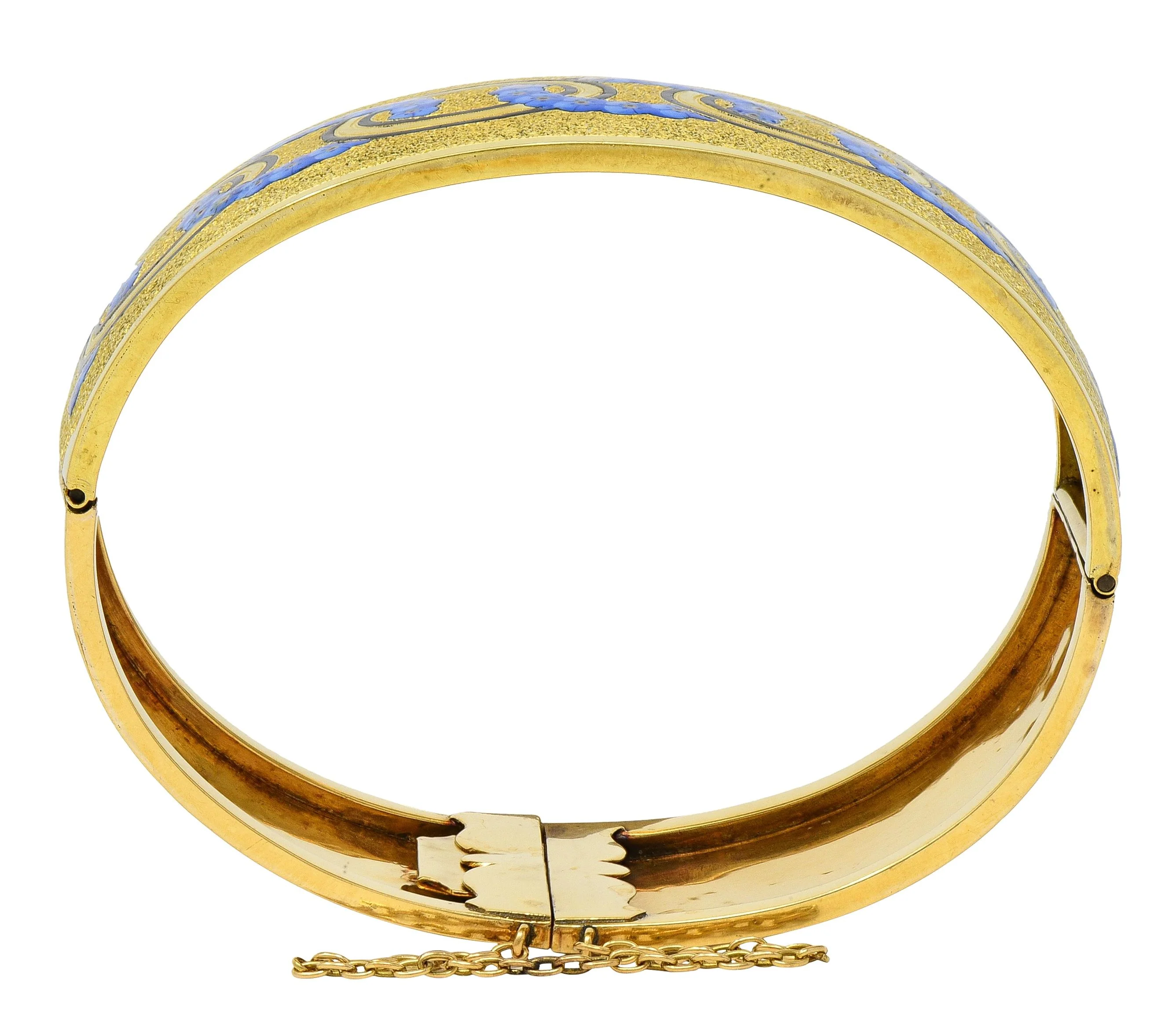 Victorian Enamel 18 Karat Yellow Gold Antique Forget-Me-Not Floral Bangle Bracelet - Image 4