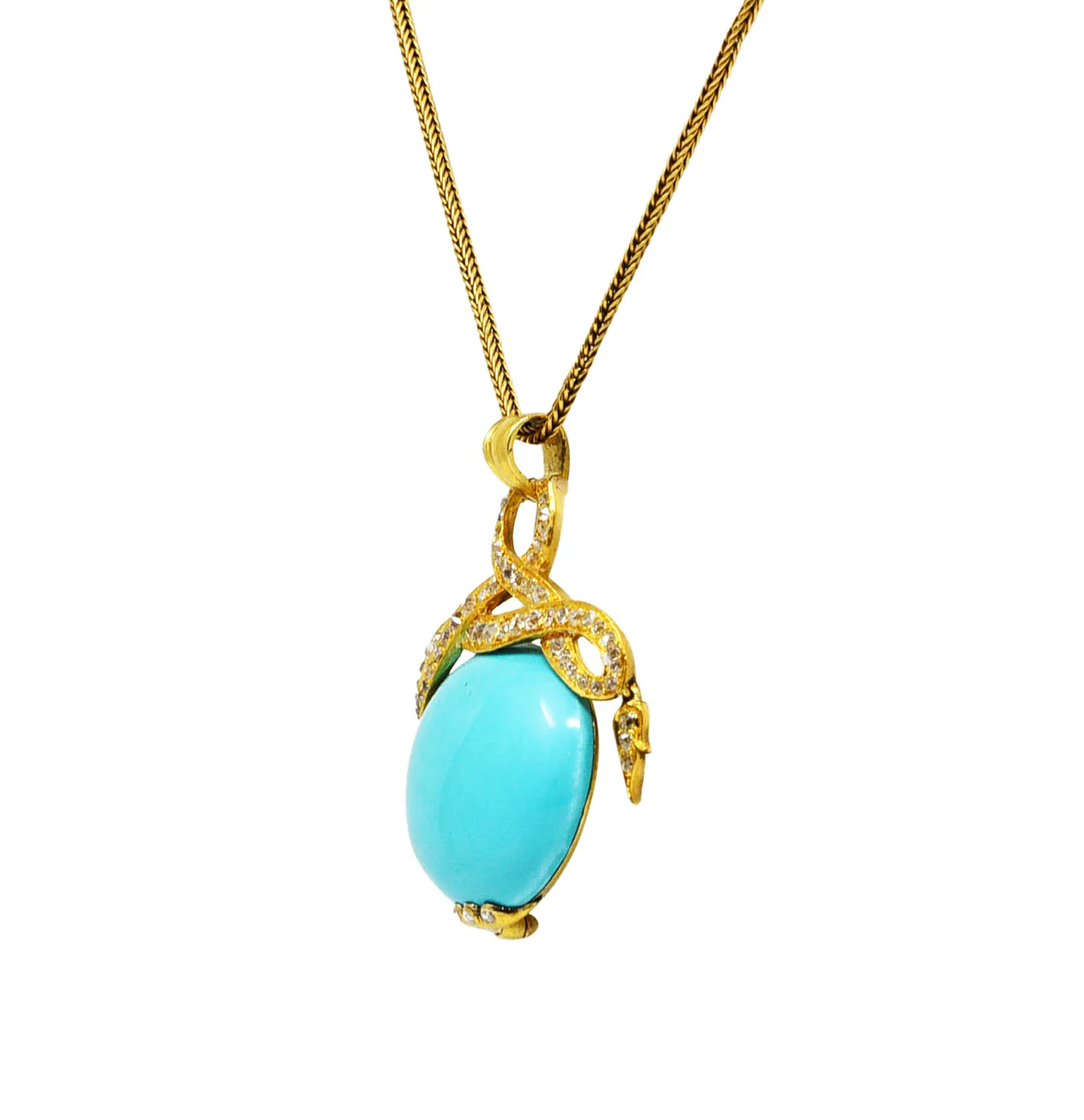 Victorian Etruscan Revival 1.15 CTW Old Mine Cut Diamond Turquoise 18 Karat Yellow Gold Antique Pendant Necklace - Image 3