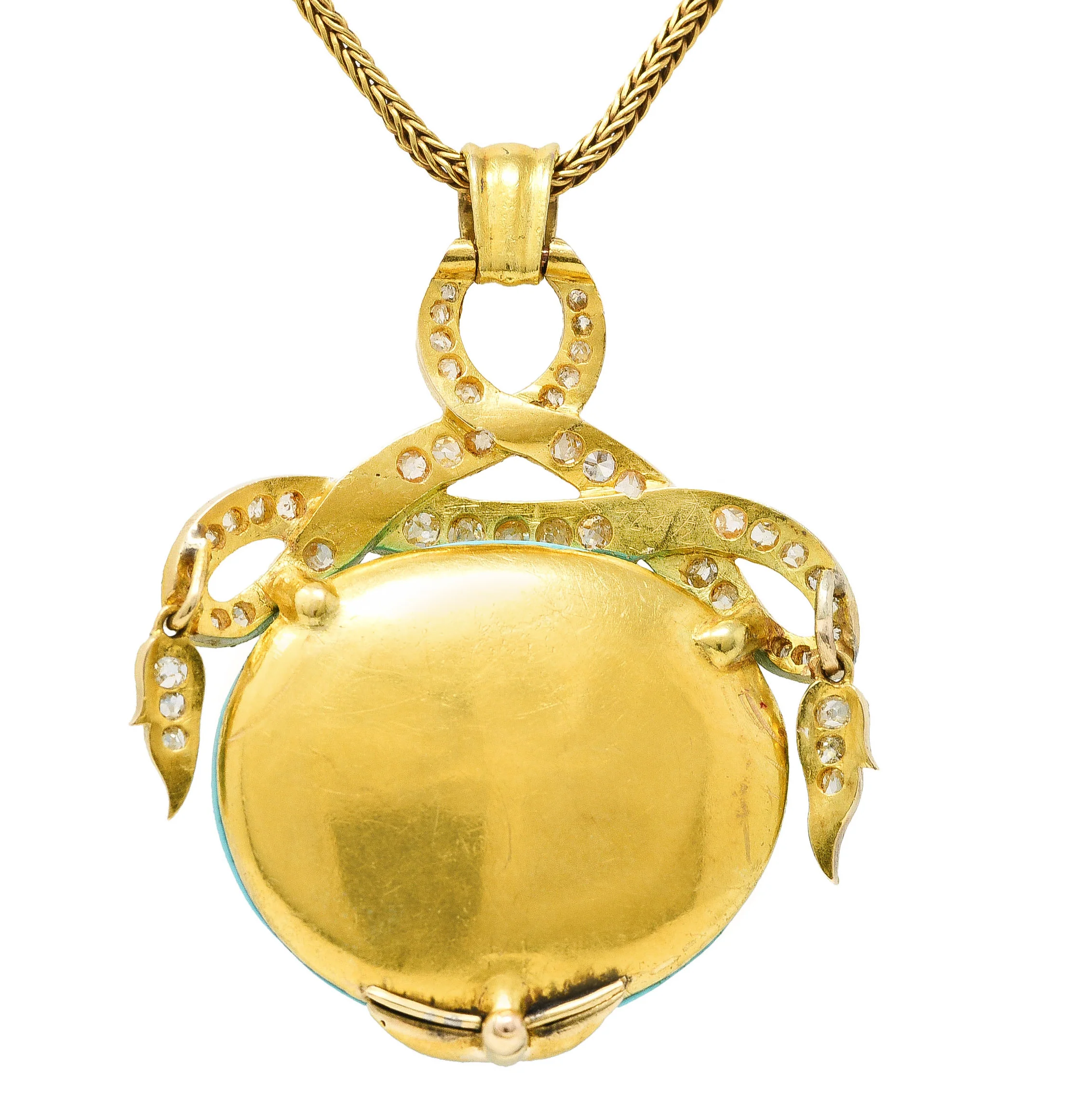 Victorian Etruscan Revival 1.15 CTW Old Mine Cut Diamond Turquoise 18 Karat Yellow Gold Antique Pendant Necklace - Image 4
