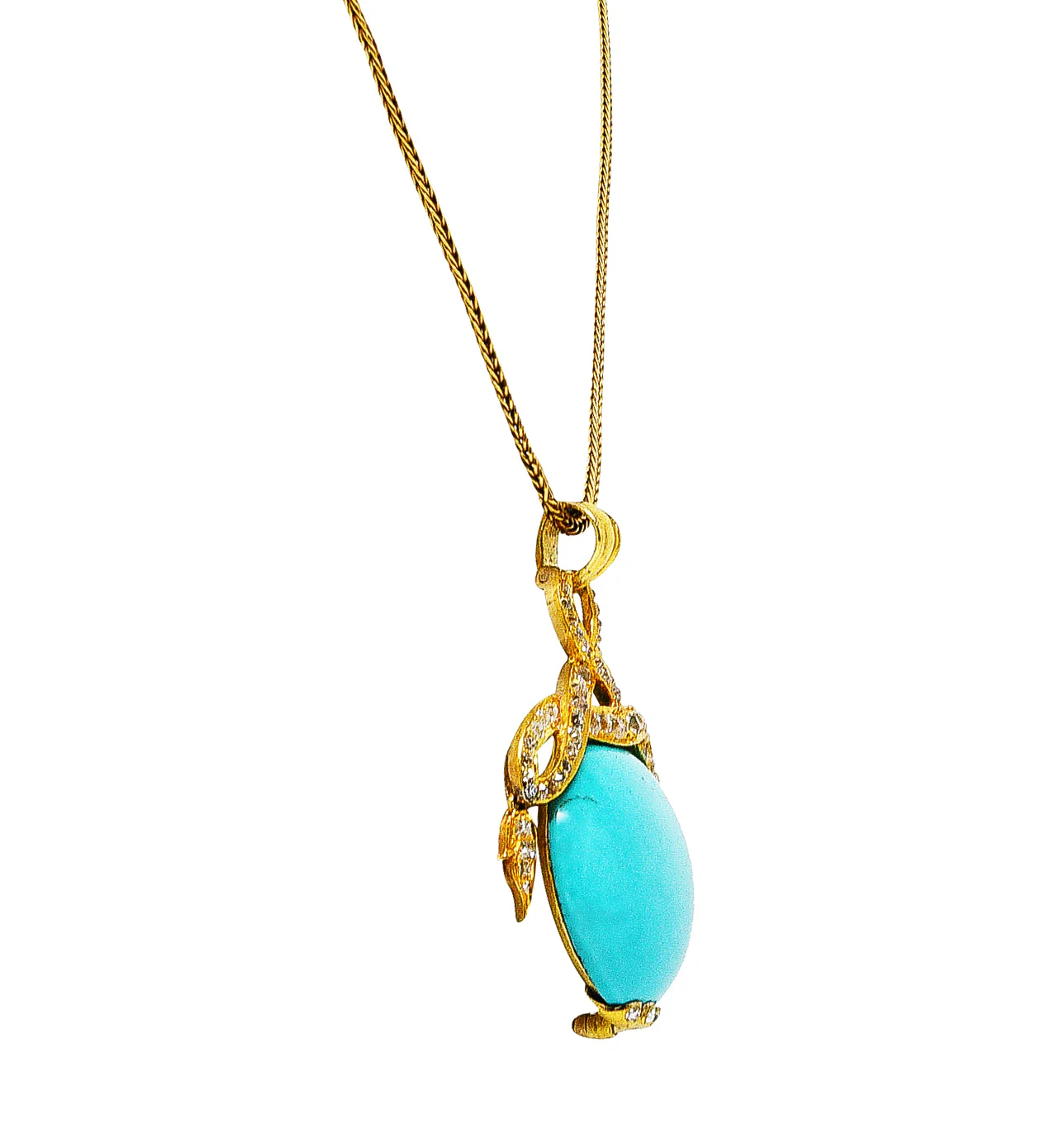 Victorian Etruscan Revival 1.15 CTW Old Mine Cut Diamond Turquoise 18 Karat Yellow Gold Antique Pendant Necklace - Image 5