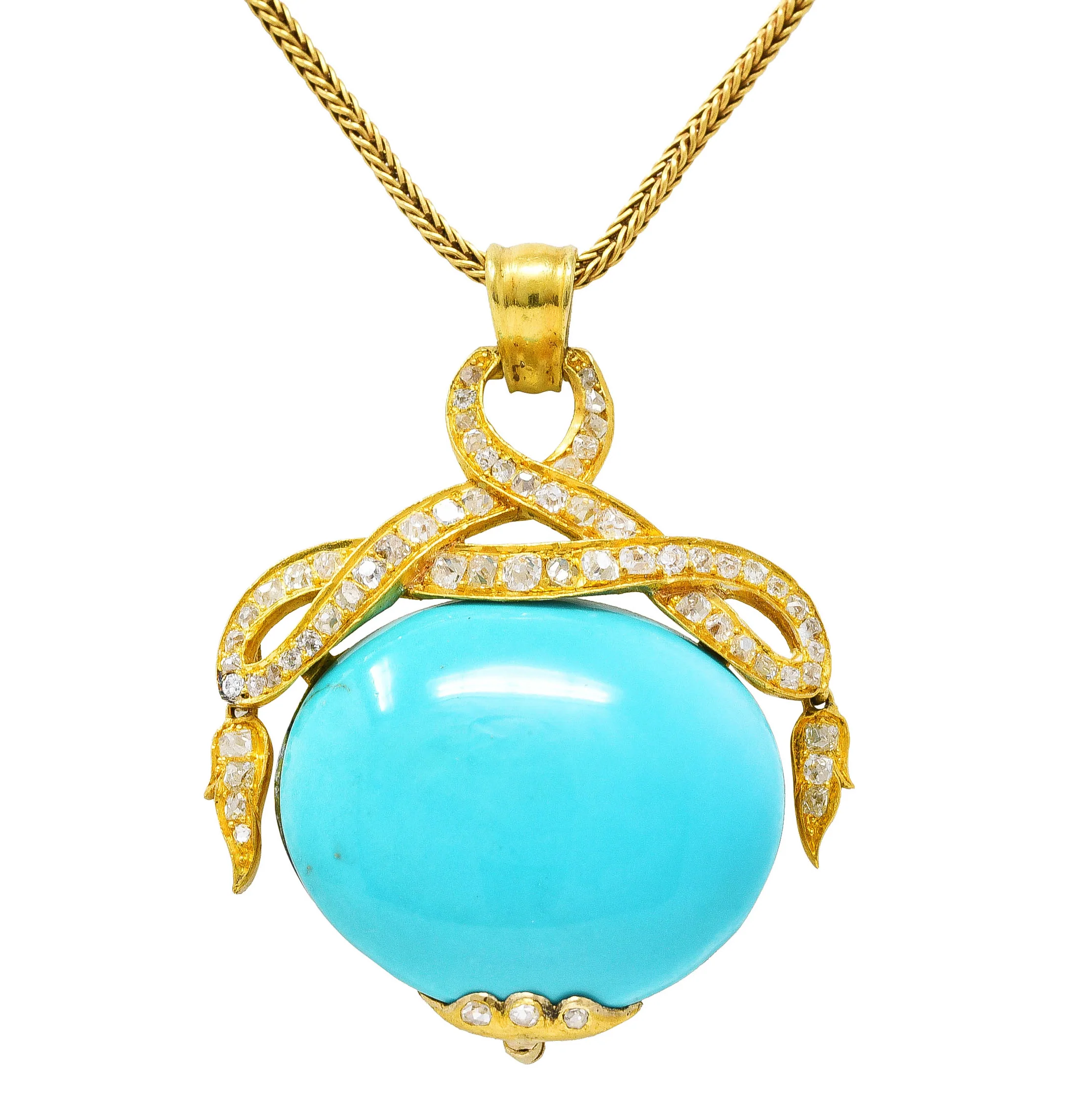 Victorian Etruscan Revival 1.15 CTW Old Mine Cut Diamond Turquoise 18 Karat Yellow Gold Antique Pendant Necklace - Image 9