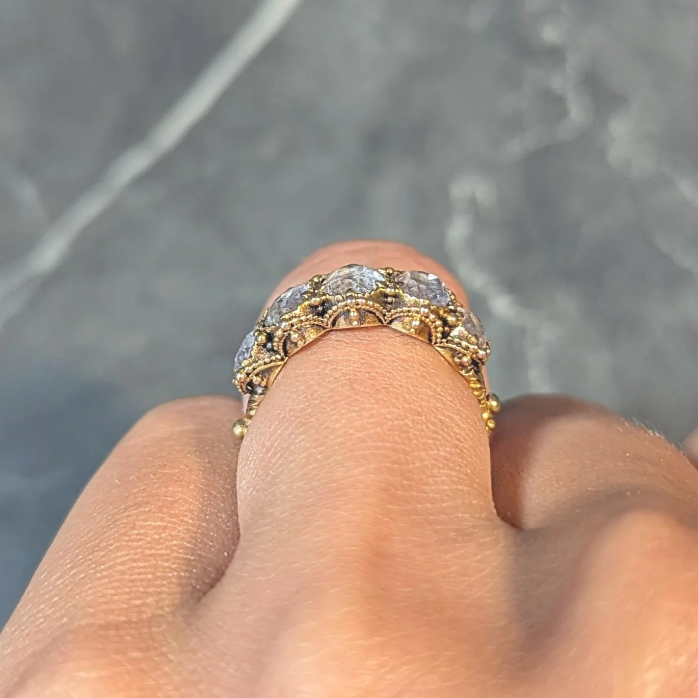 Victorian Etruscan Revival 1.90 CTW White Topaz 18 Karat Yellow Gold Antique Five Stone Band Ring - Image 12