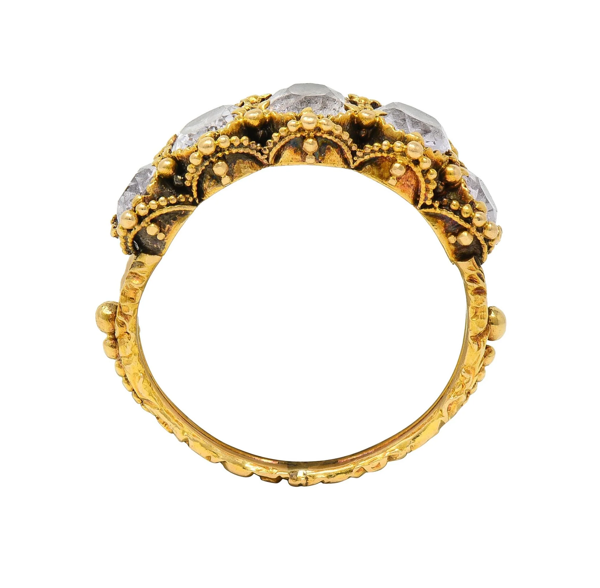 Victorian Etruscan Revival 1.90 CTW White Topaz 18 Karat Yellow Gold Antique Five Stone Band Ring - Image 8