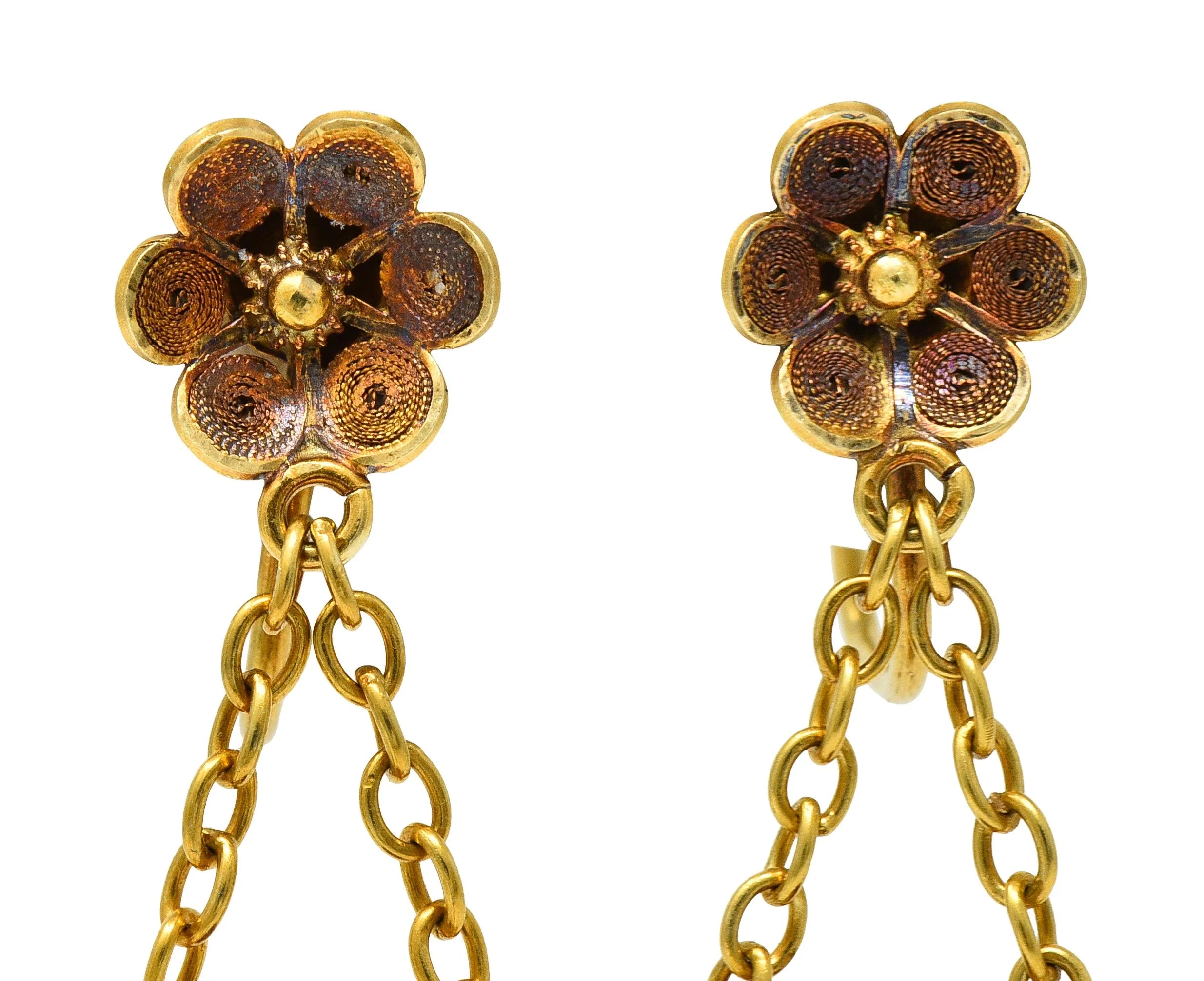 Victorian Etruscan Revival 14 Karat Gold Floral Antique Drop Screw-Back Earrings - Image 5
