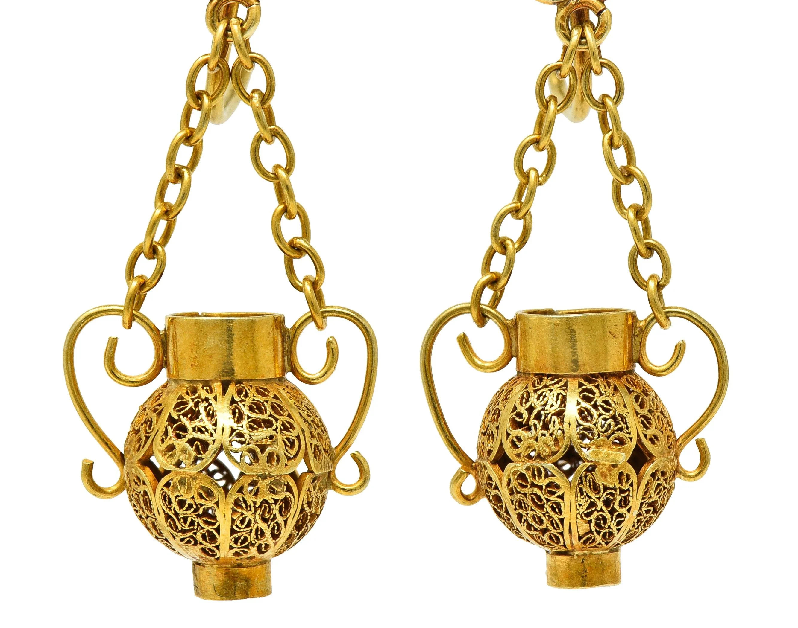 Victorian Etruscan Revival 14 Karat Gold Floral Antique Drop Screw-Back Earrings - Image 6