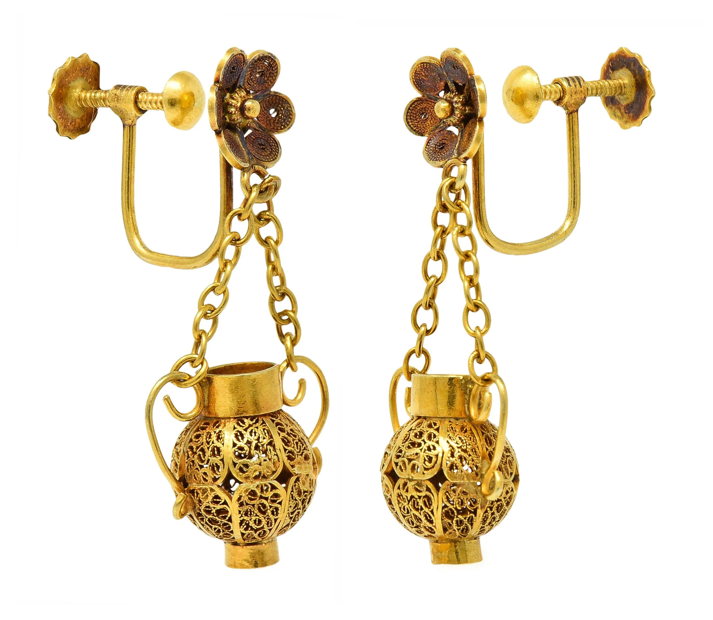 Victorian Etruscan Revival 14 Karat Gold Floral Antique Drop Screw-Back Earrings - Image 7