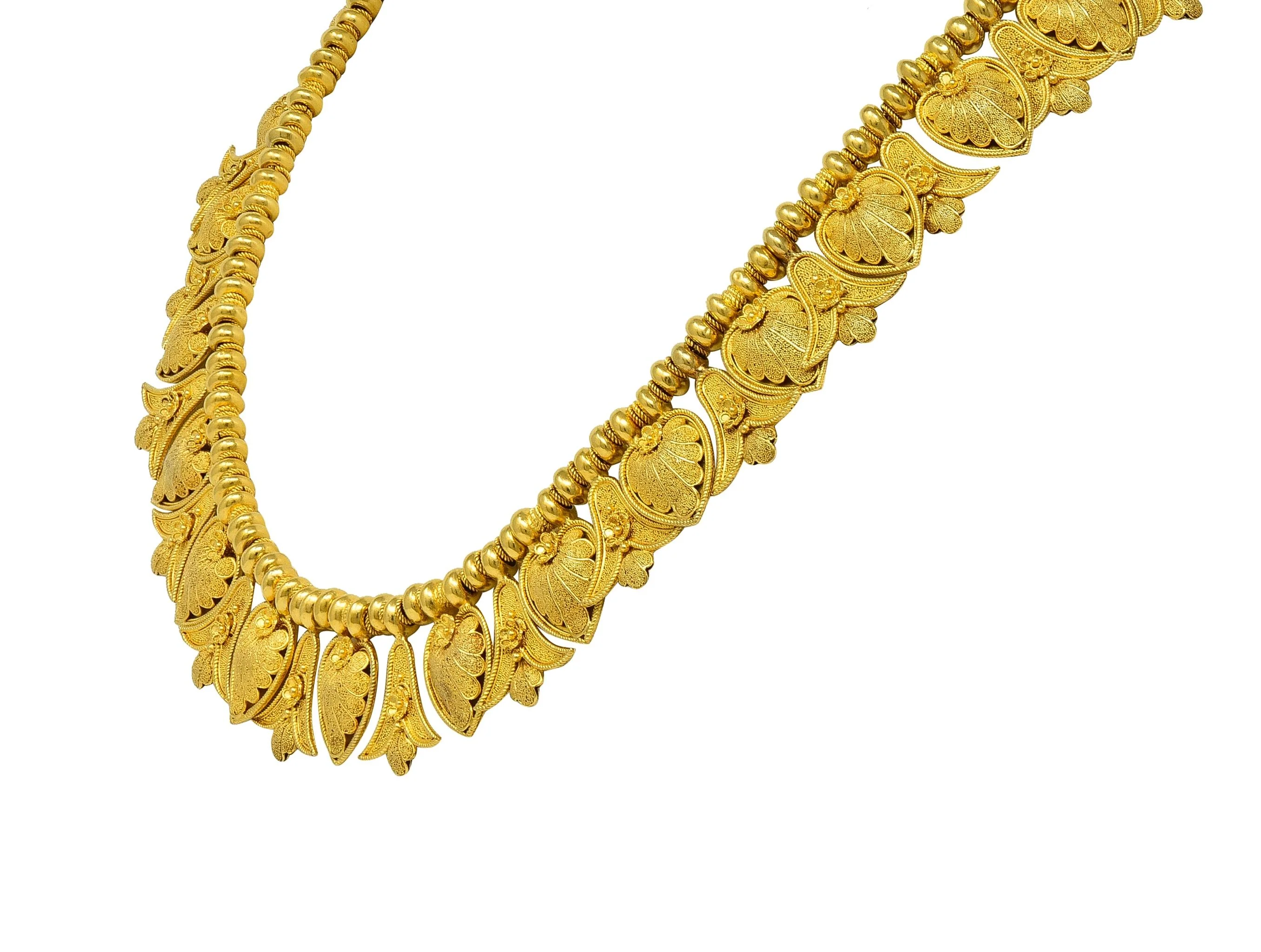 Victorian Etruscan Revival 18 Karat Yellow Gold Antique Palm & Lotus Fringe Necklace - Image 4