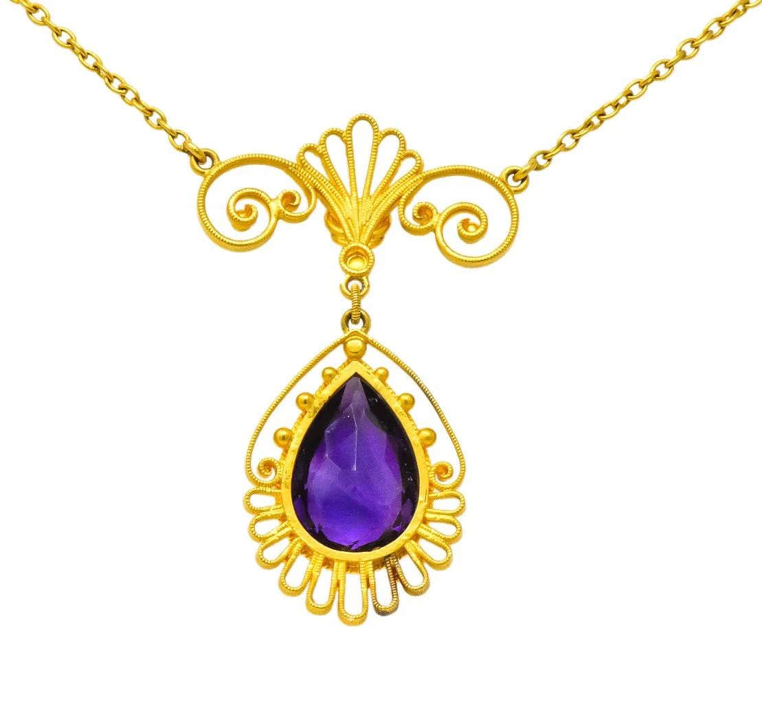 Victorian Etruscan Revival 3.50 CTW Amethyst Pearl 14 Karat Gold Necklace - Image 6