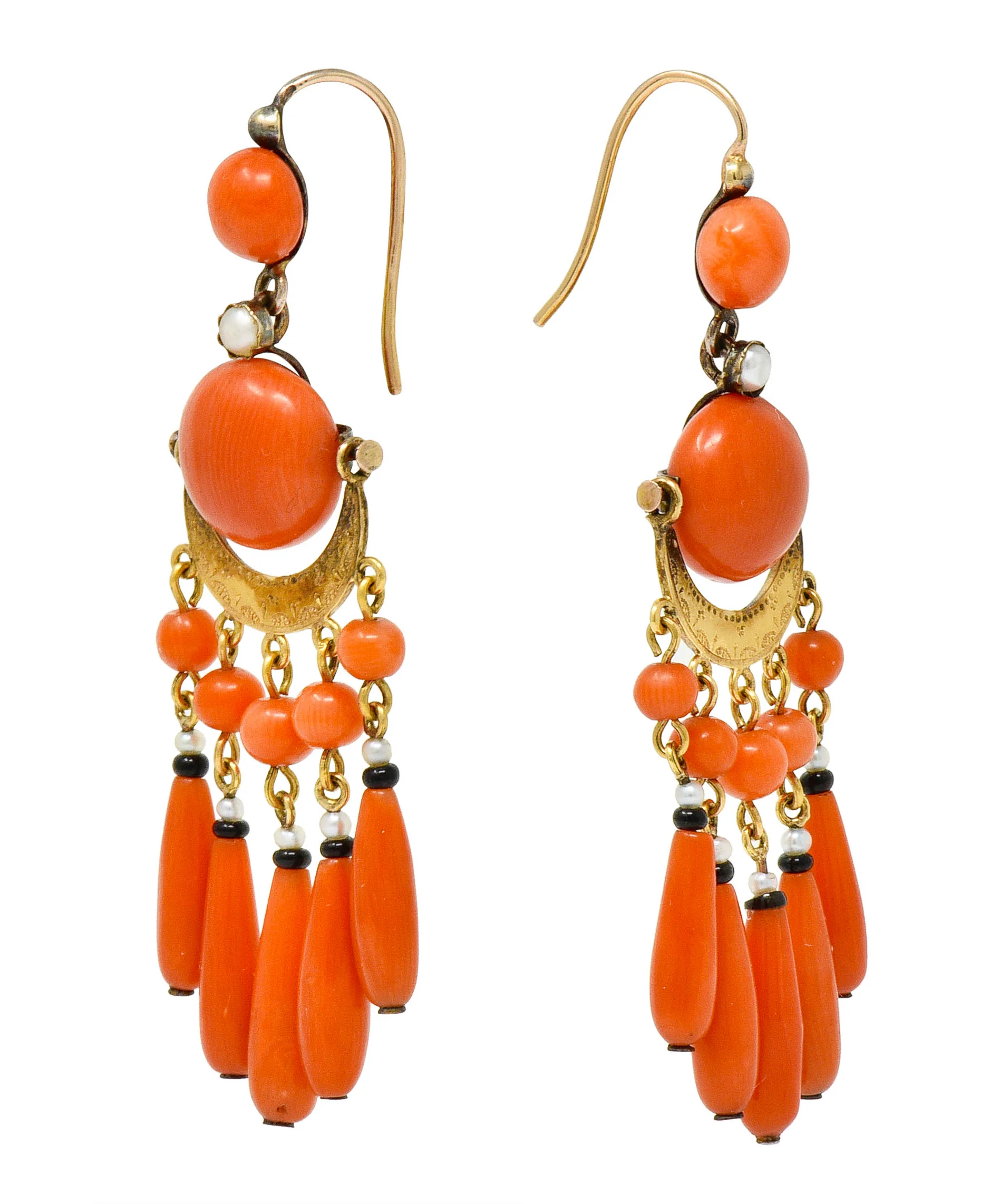 Victorian Etruscan Revival Coral Pearl Onyx 18 Karat Gold Chandelier Earrings - Image 3