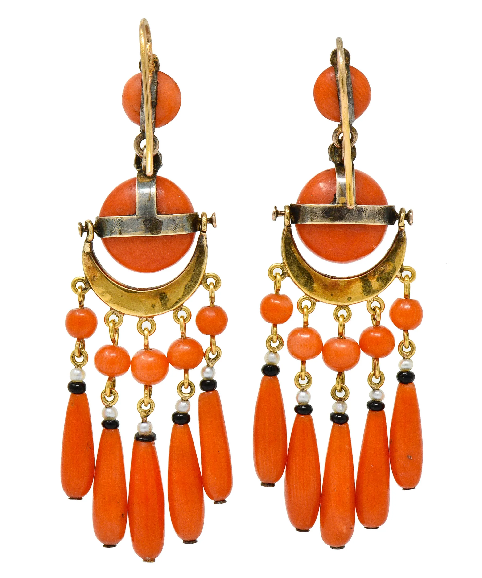 Victorian Etruscan Revival Coral Pearl Onyx 18 Karat Gold Chandelier Earrings - Image 4