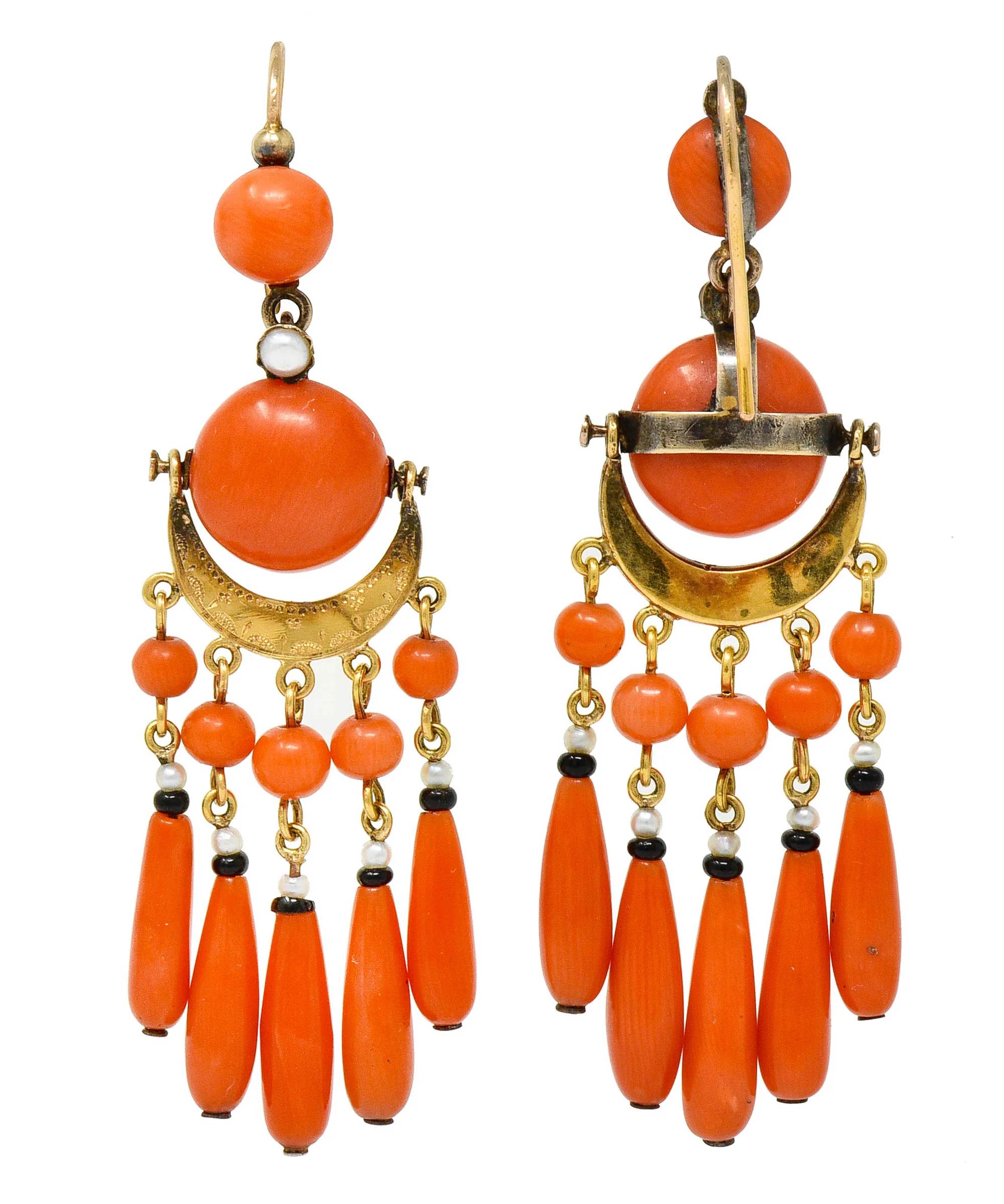 Victorian Etruscan Revival Coral Pearl Onyx 18 Karat Gold Chandelier Earrings - Image 5