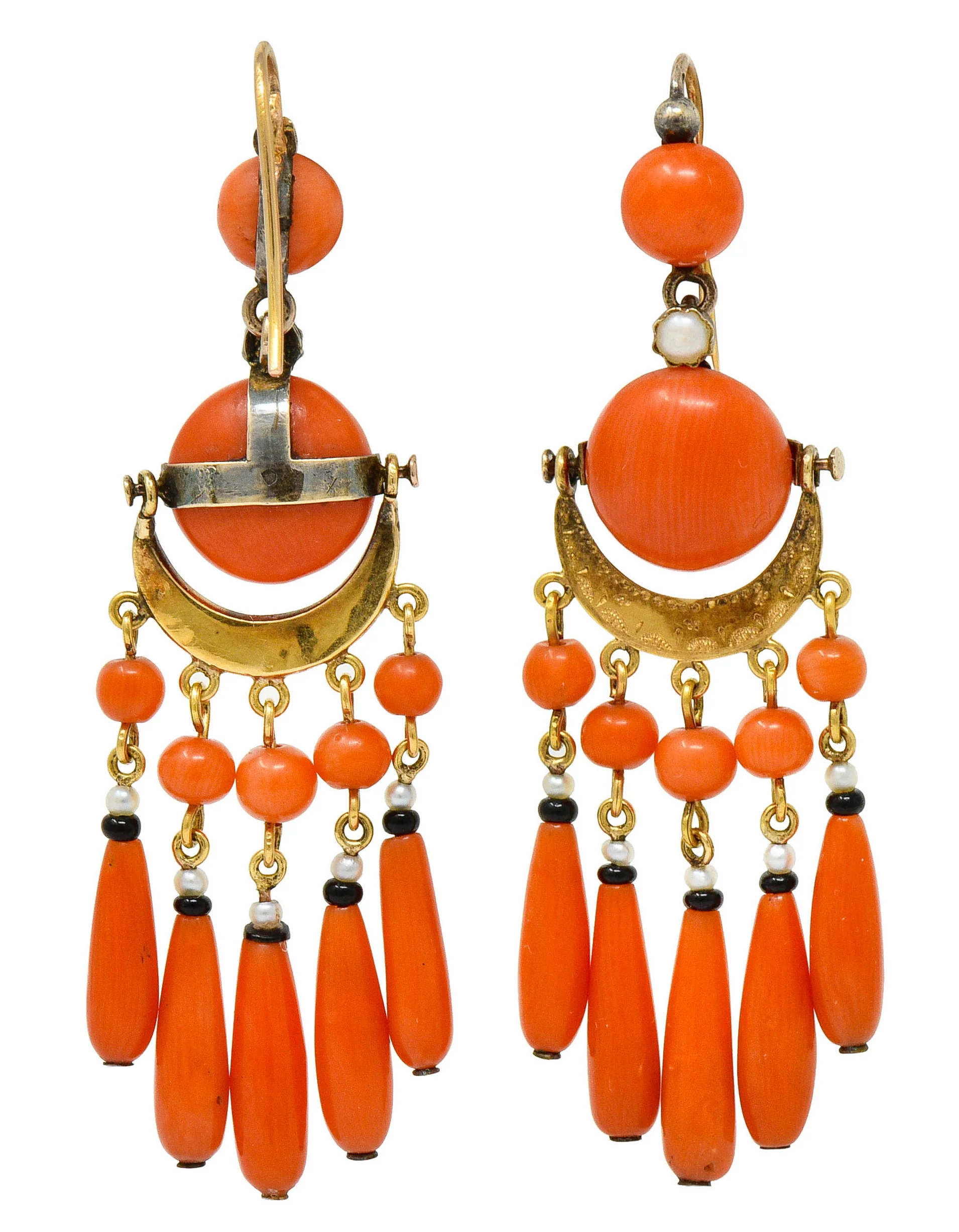 Victorian Etruscan Revival Coral Pearl Onyx 18 Karat Gold Chandelier Earrings - Image 6