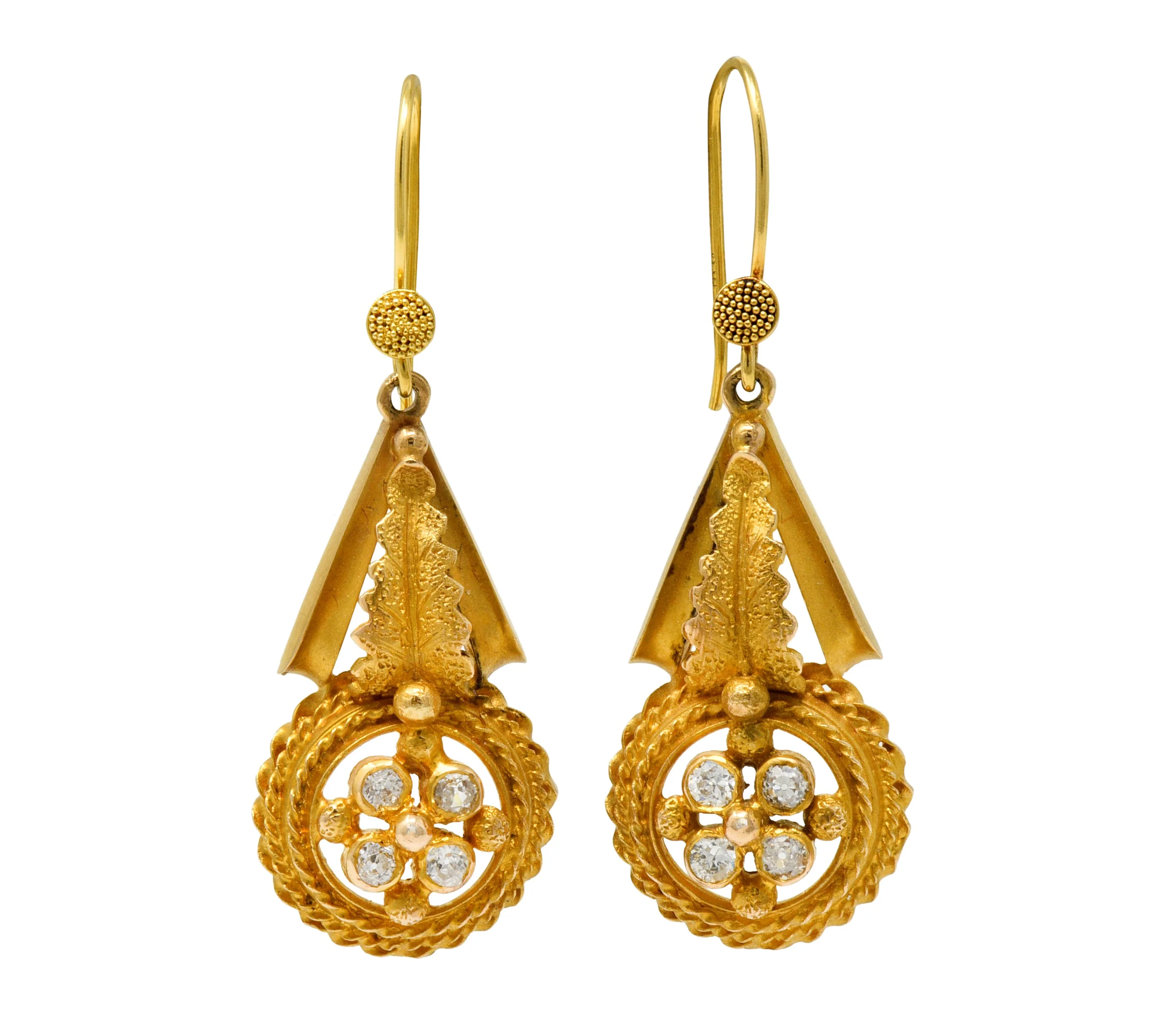 Victorian Etruscan Revival Diamond 14 Karat Gold Drop Earrings