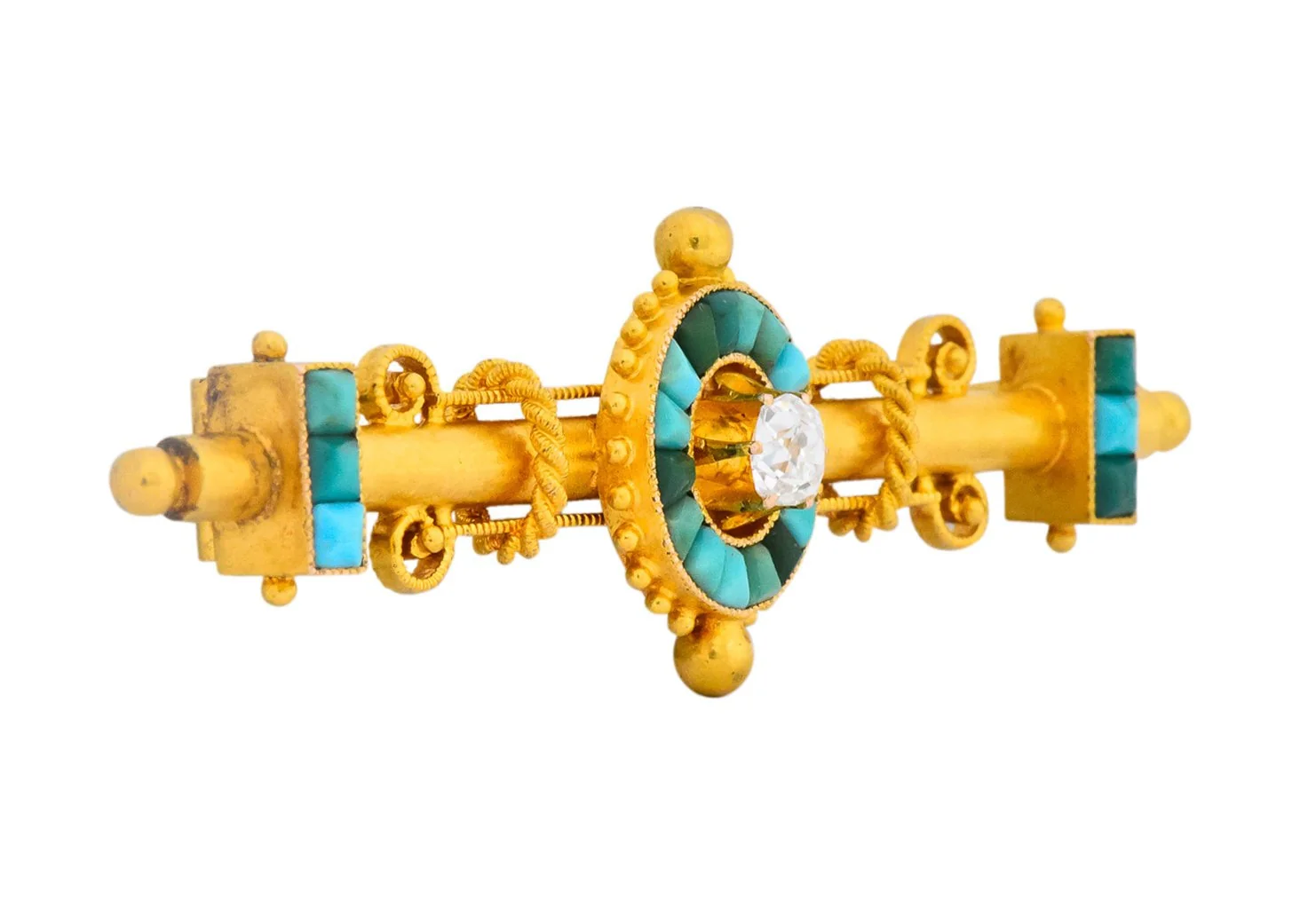 Victorian Etruscan Revival Diamond Turquoise 18 Karat Gold Brooch - Image 3