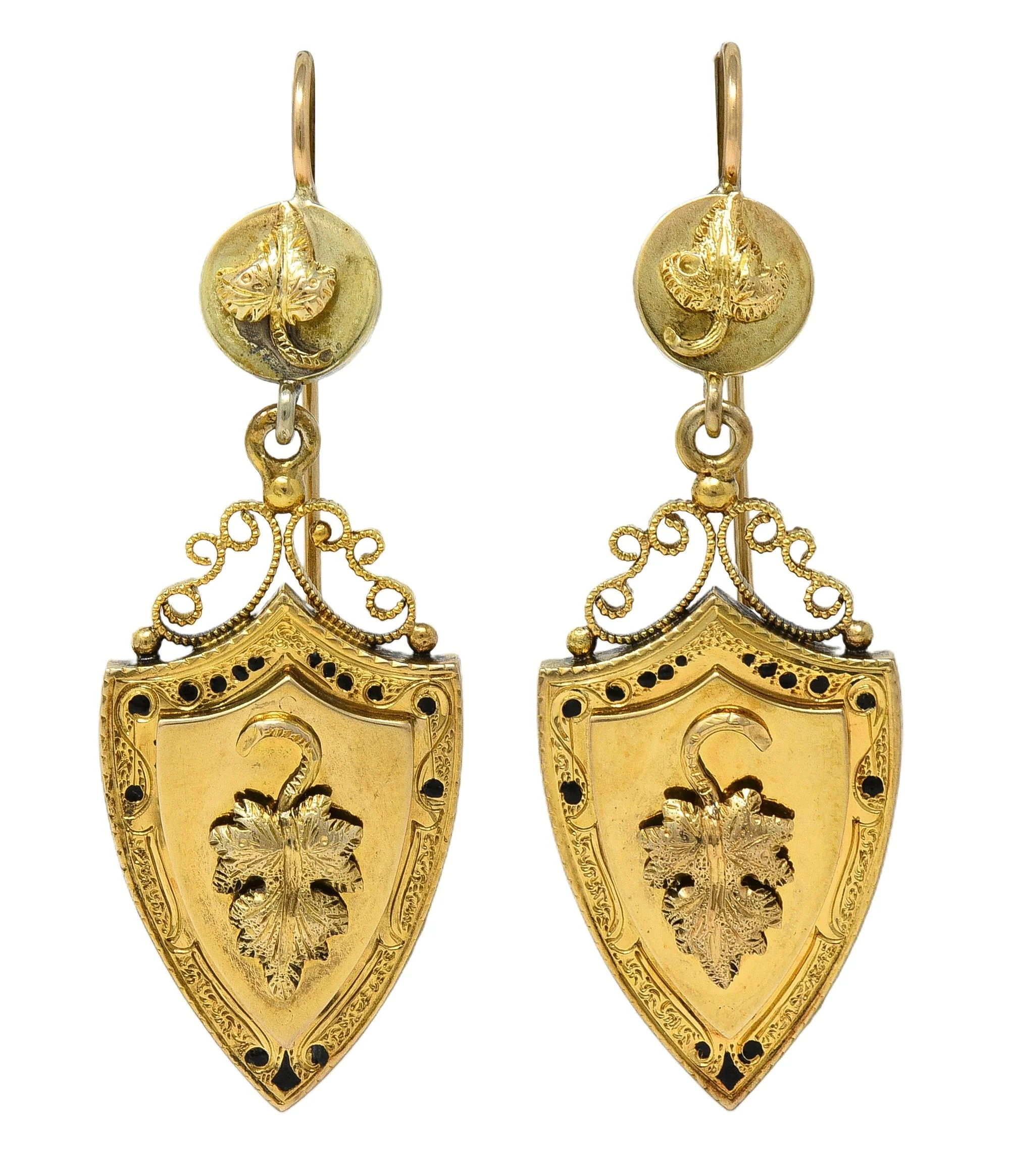 Victorian Etruscan Revival Enamel 14 Karat Yellow Gold Antique Foliate Drop Earrings