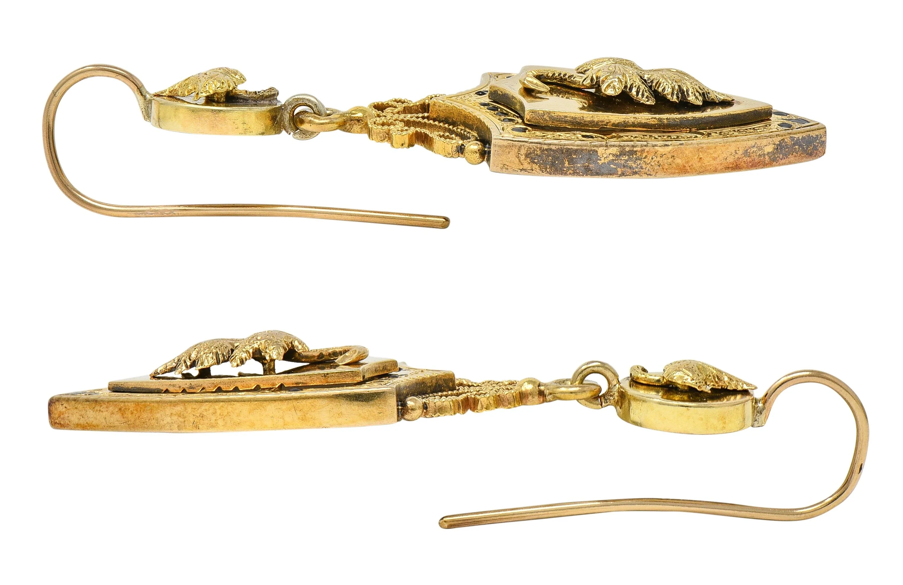 Victorian Etruscan Revival Enamel 14 Karat Yellow Gold Antique Foliate Drop Earrings - Image 5