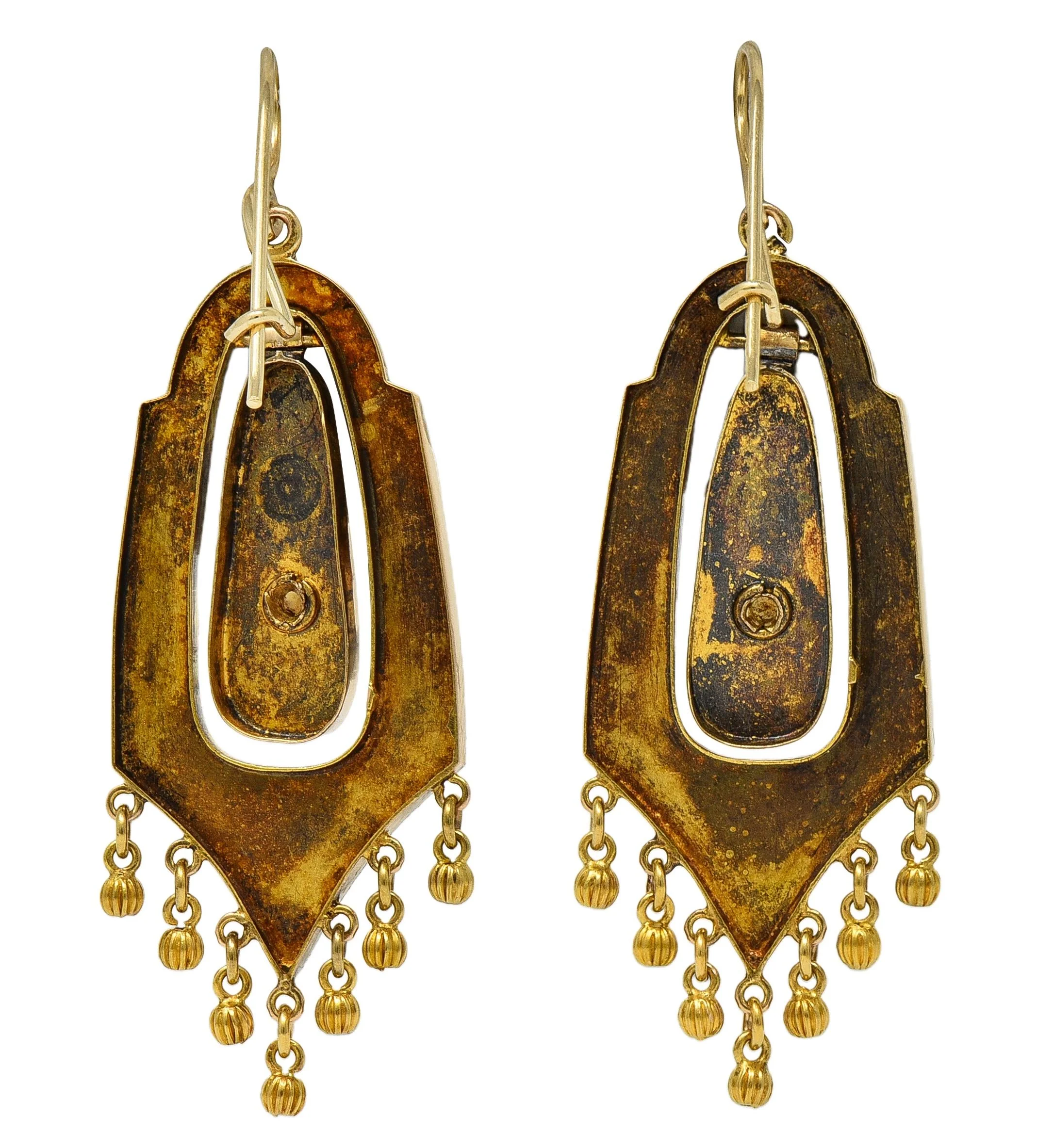 Victorian Etruscan Revival Enamel Pearl 14 Karat Yellow Gold Antique Foliate Drop Earrings - Image 5