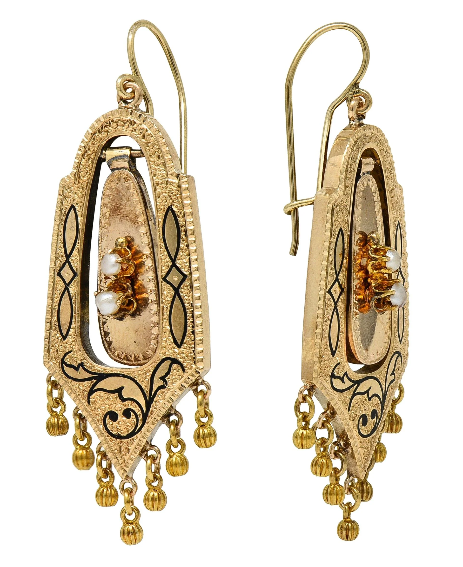 Victorian Etruscan Revival Enamel Pearl 14 Karat Yellow Gold Antique Foliate Drop Earrings - Image 6