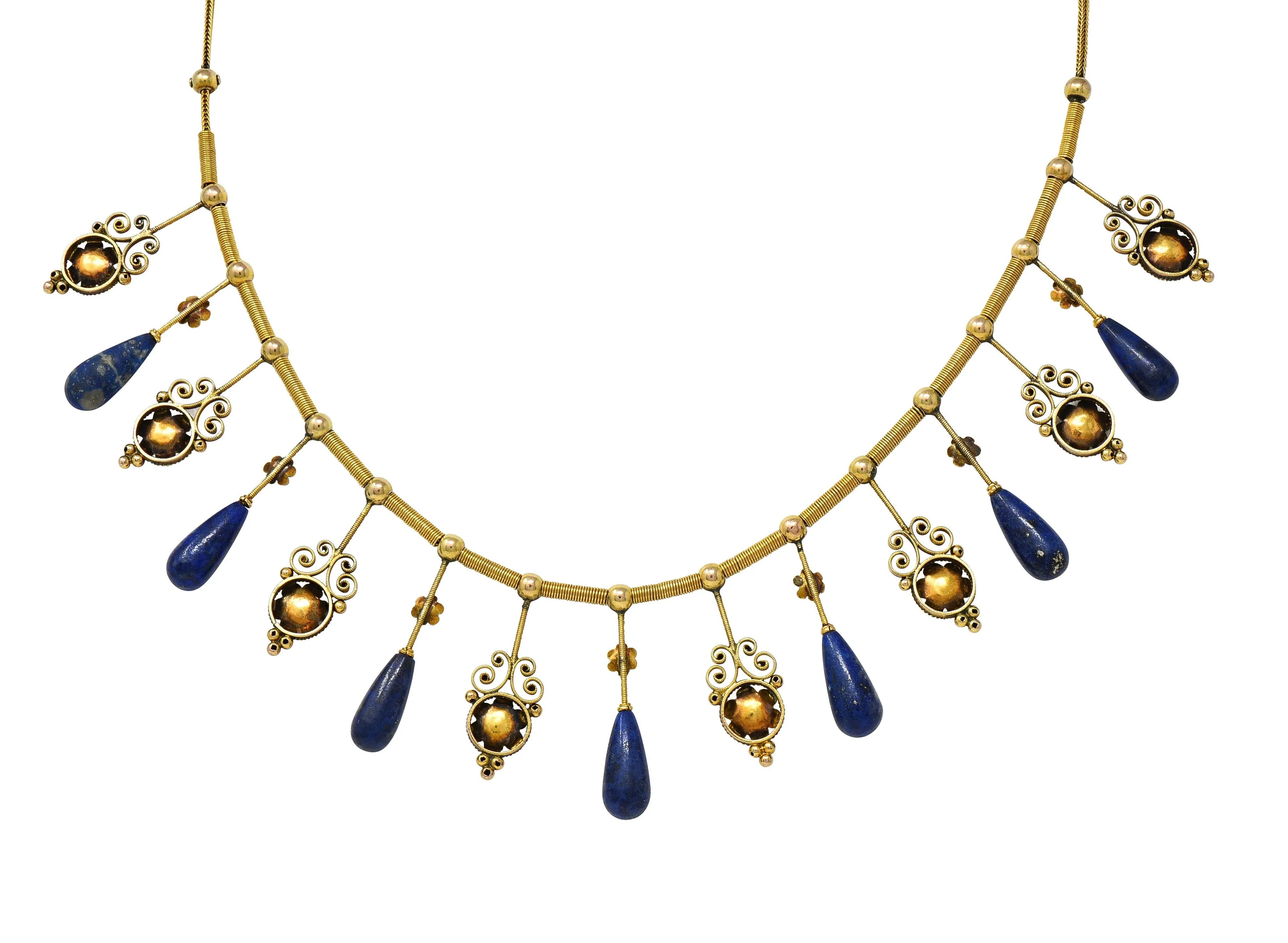 Victorian Etruscan Revival Lapis Lazuli 14 Karat Gold Antique Filigree Fringe Necklace - Image 10