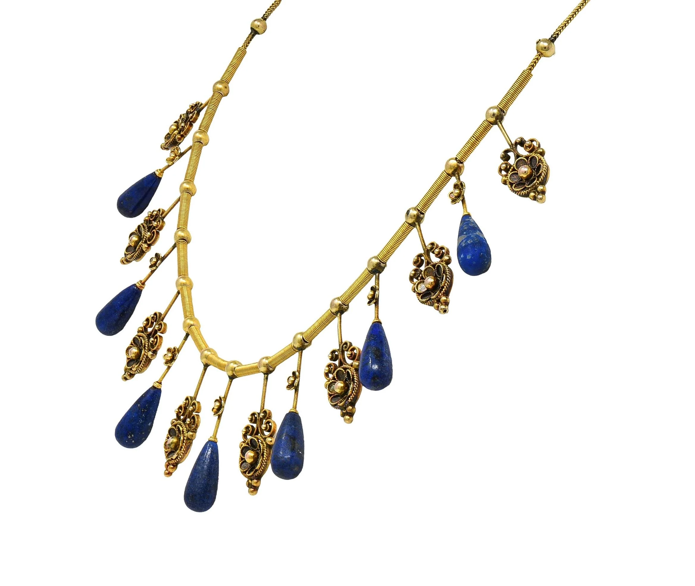 Victorian Etruscan Revival Lapis Lazuli 14 Karat Gold Antique Filigree Fringe Necklace - Image 4