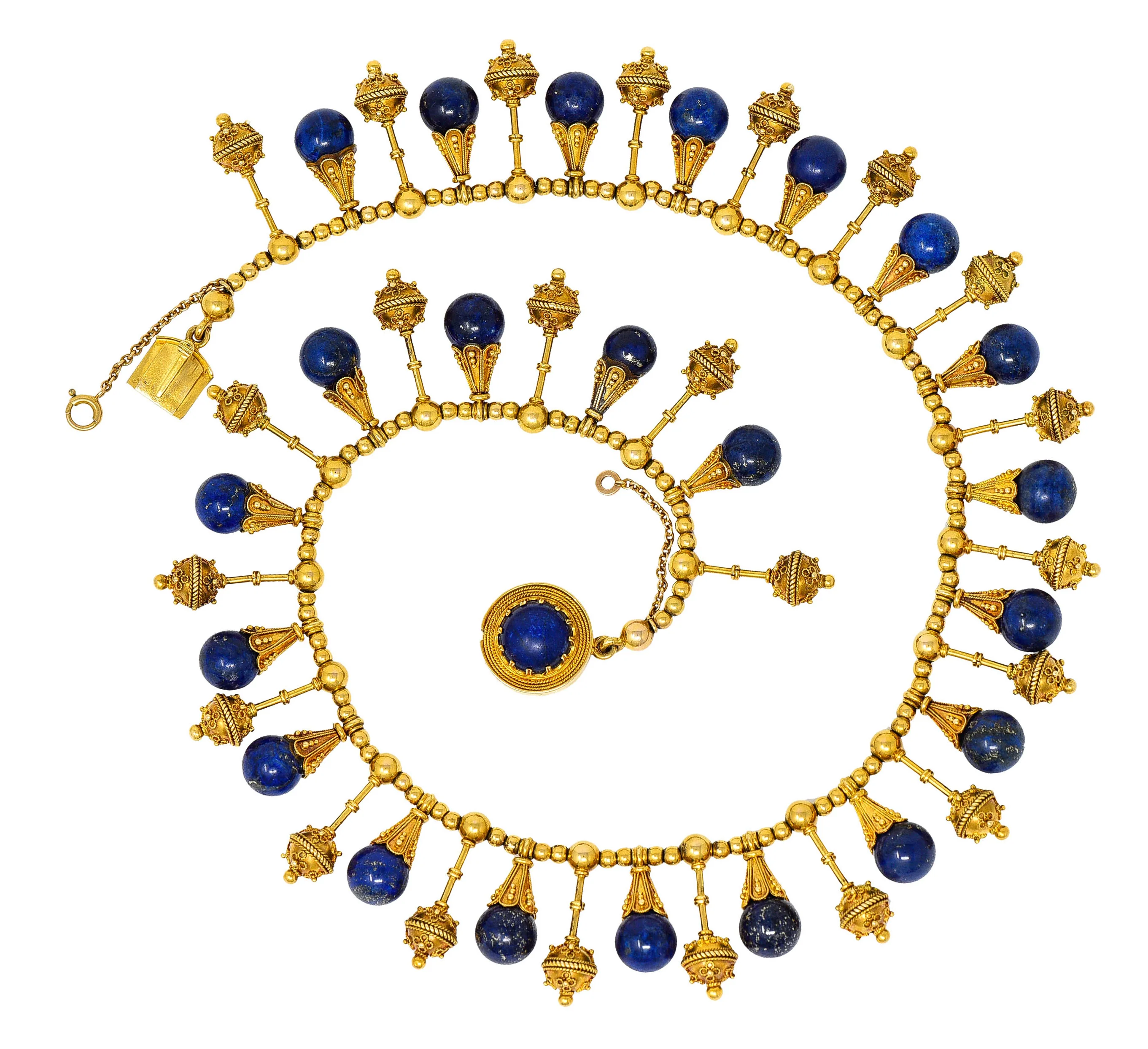Victorian Etruscan Revival Lapis Lazuli 18 Karat Gold Drop Fringe Necklace - Image 2