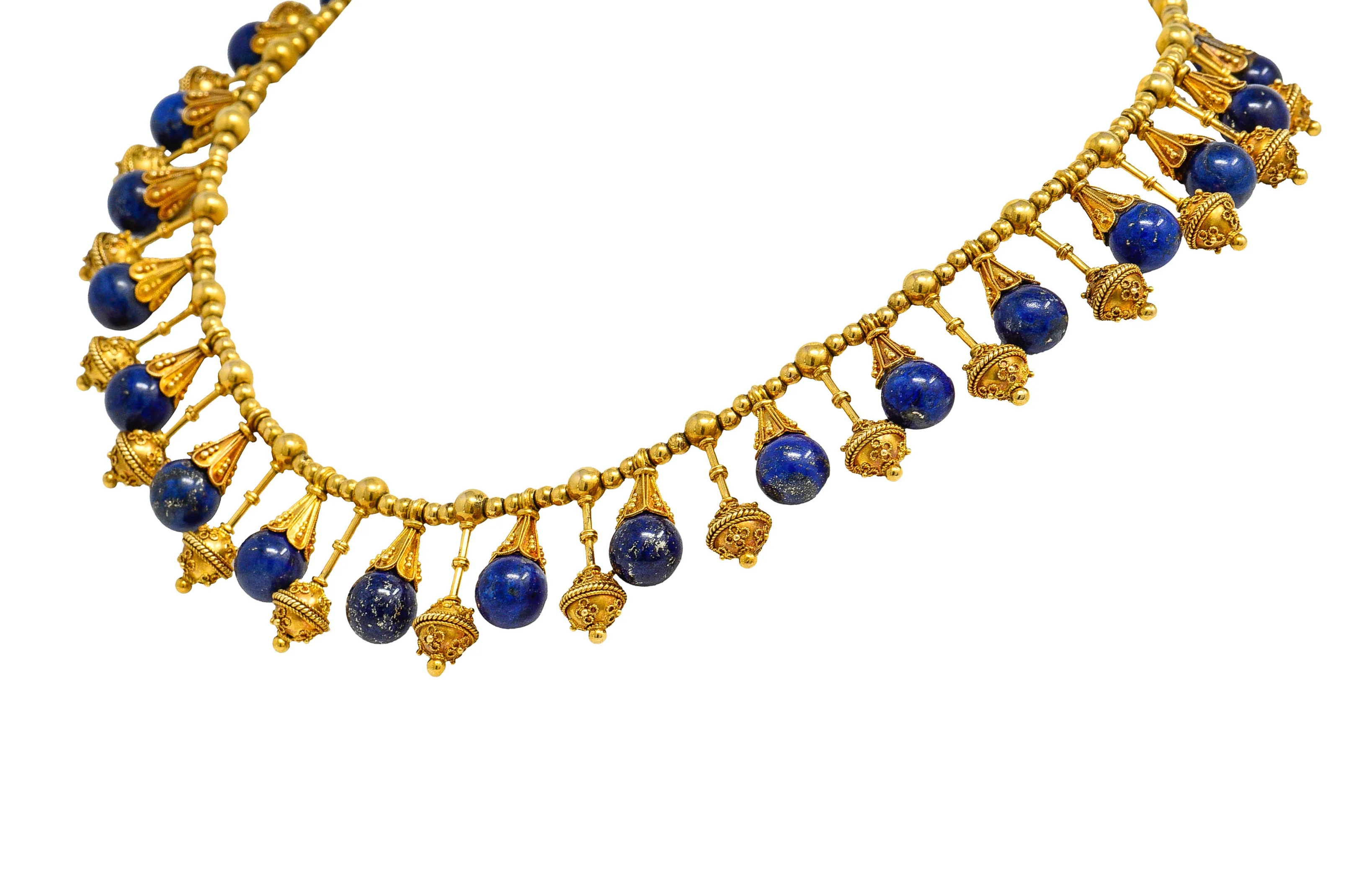 Victorian Etruscan Revival Lapis Lazuli 18 Karat Gold Drop Fringe Necklace - Image 3