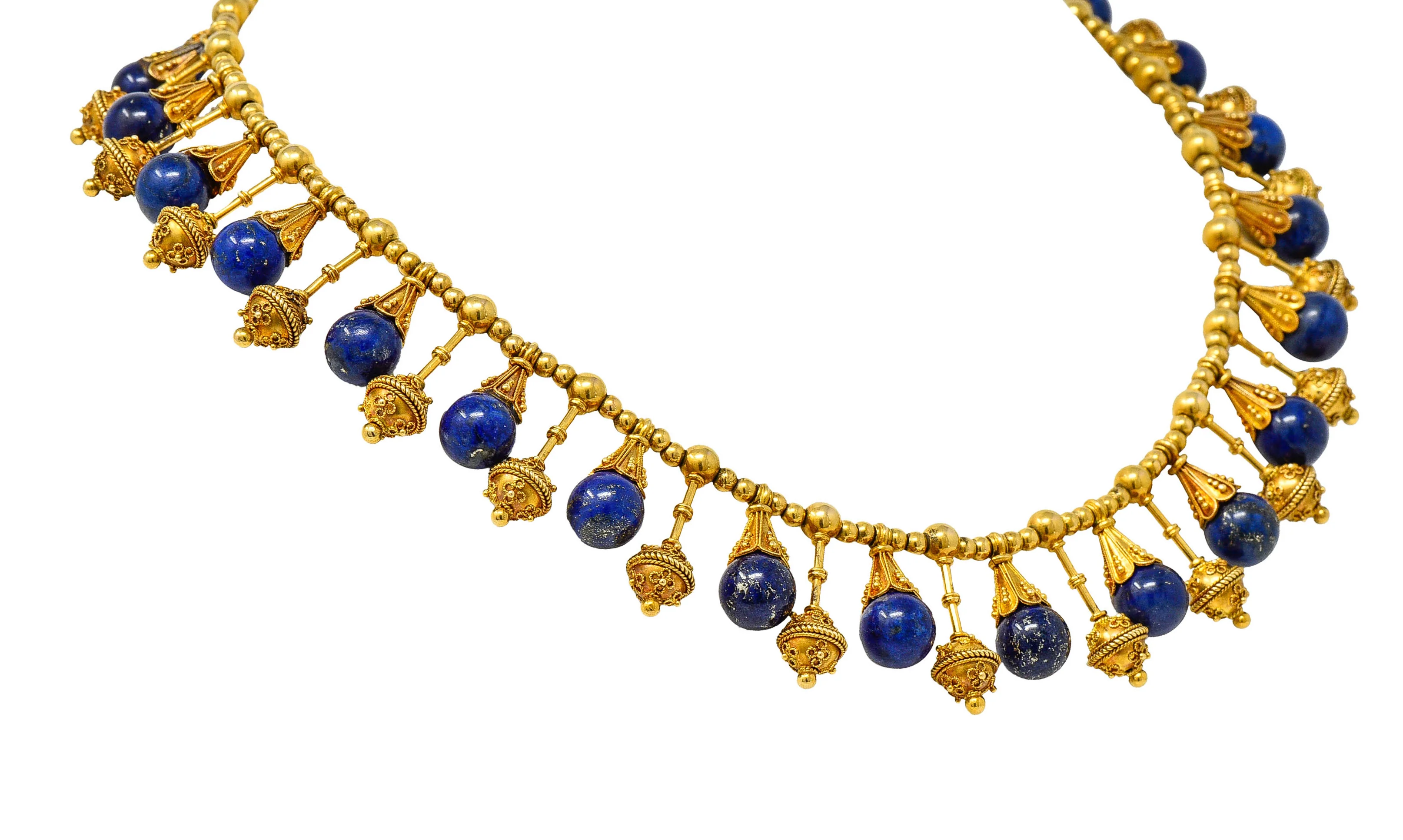 Victorian Etruscan Revival Lapis Lazuli 18 Karat Gold Drop Fringe Necklace - Image 4