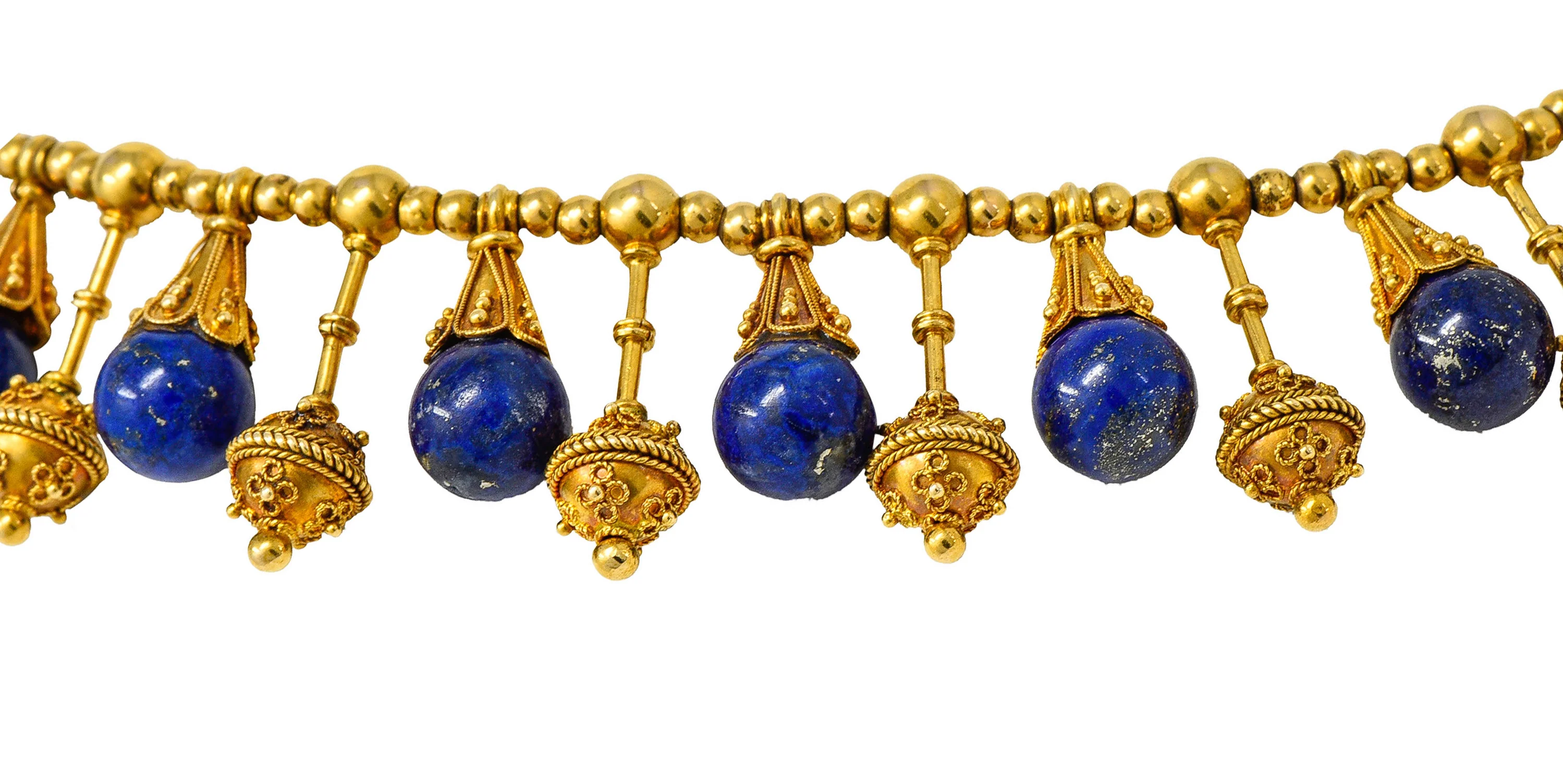Victorian Etruscan Revival Lapis Lazuli 18 Karat Gold Drop Fringe Necklace - Image 5
