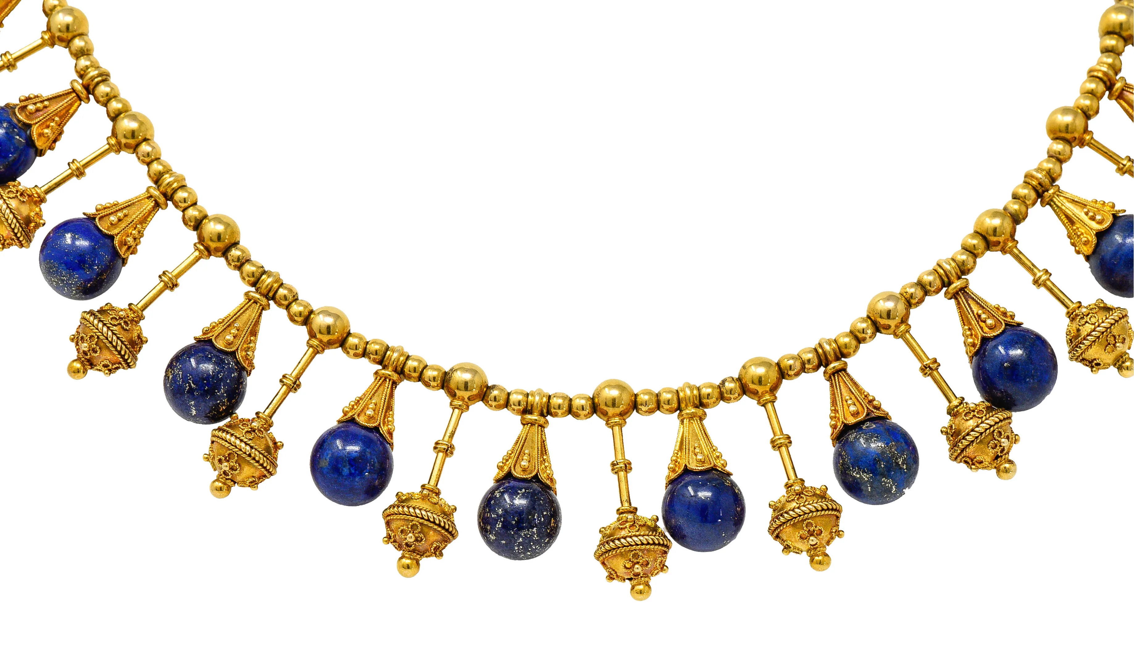 Victorian Etruscan Revival Lapis Lazuli 18 Karat Gold Drop Fringe Necklace - Image 6