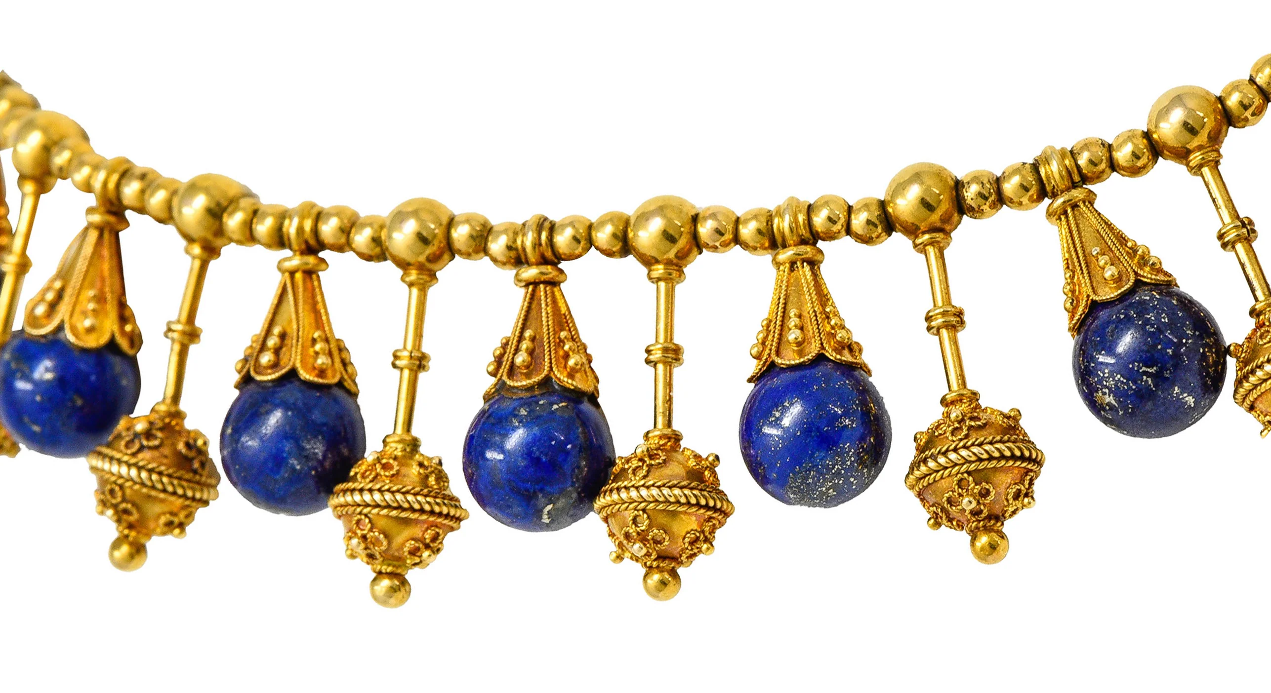 Victorian Etruscan Revival Lapis Lazuli 18 Karat Gold Drop Fringe Necklace - Image 7