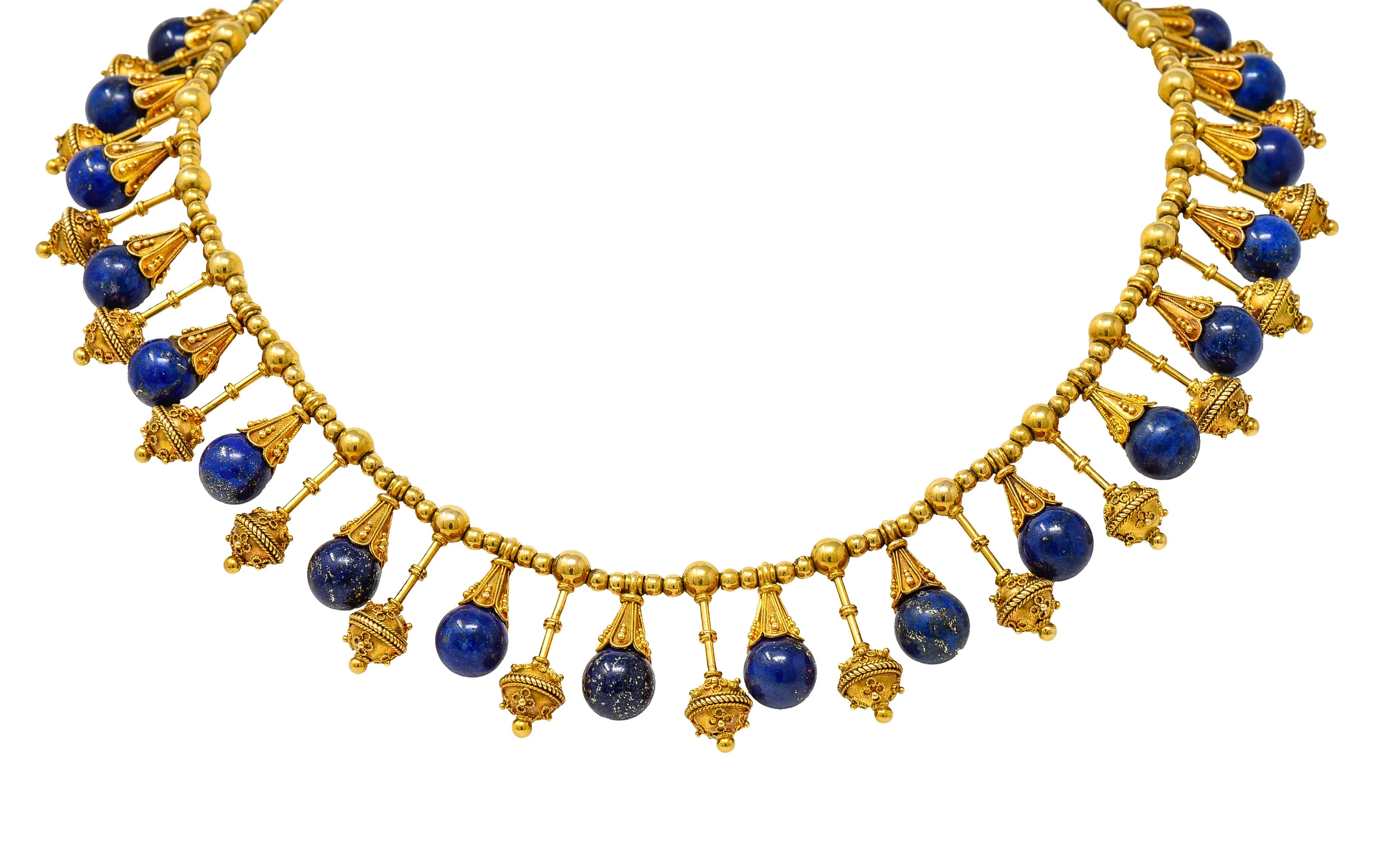 Victorian Etruscan Revival Lapis Lazuli 18 Karat Gold Drop Fringe Necklace - Image 8