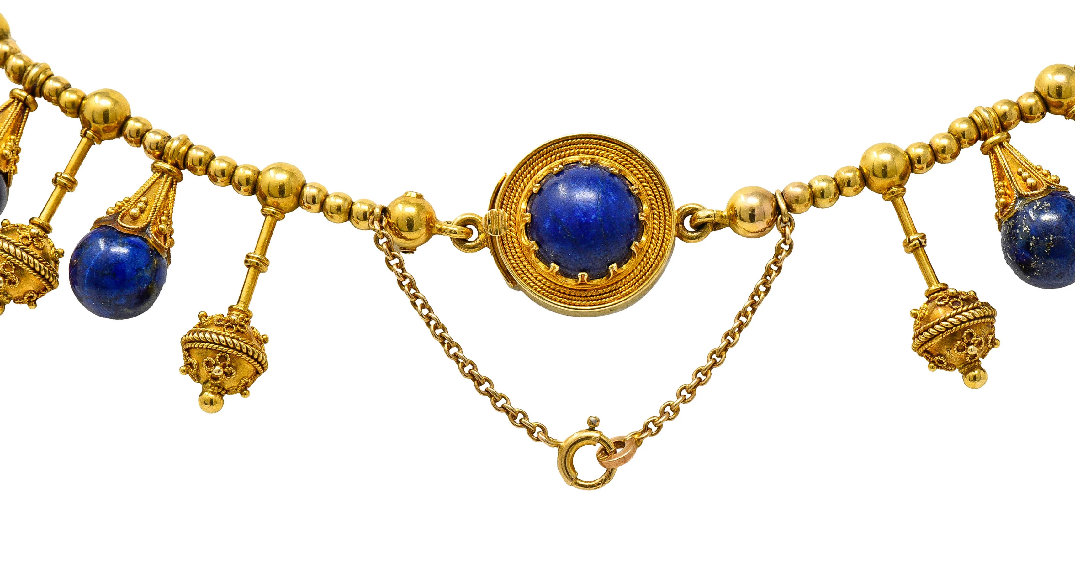 Victorian Etruscan Revival Lapis Lazuli 18 Karat Gold Drop Fringe Necklace - Image 9