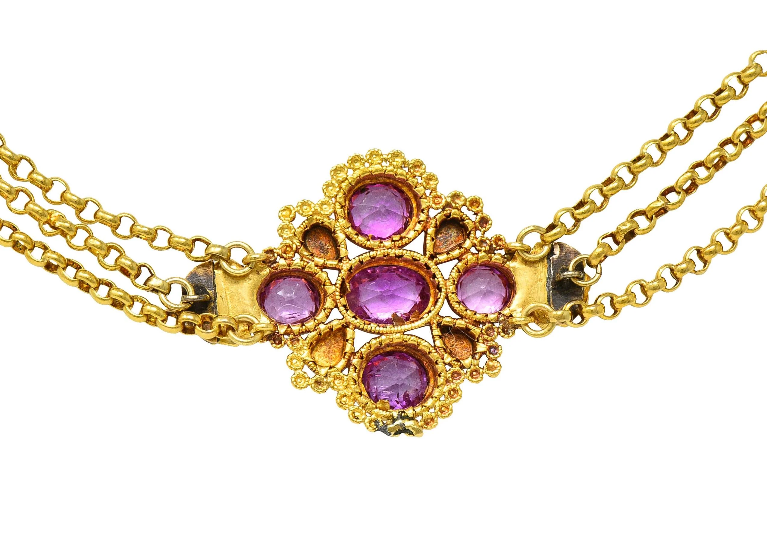 Victorian Etruscan Revival Pink Sapphire Turquoise 18 Karat Gold Antique Swagged Station Necklace - Image 10