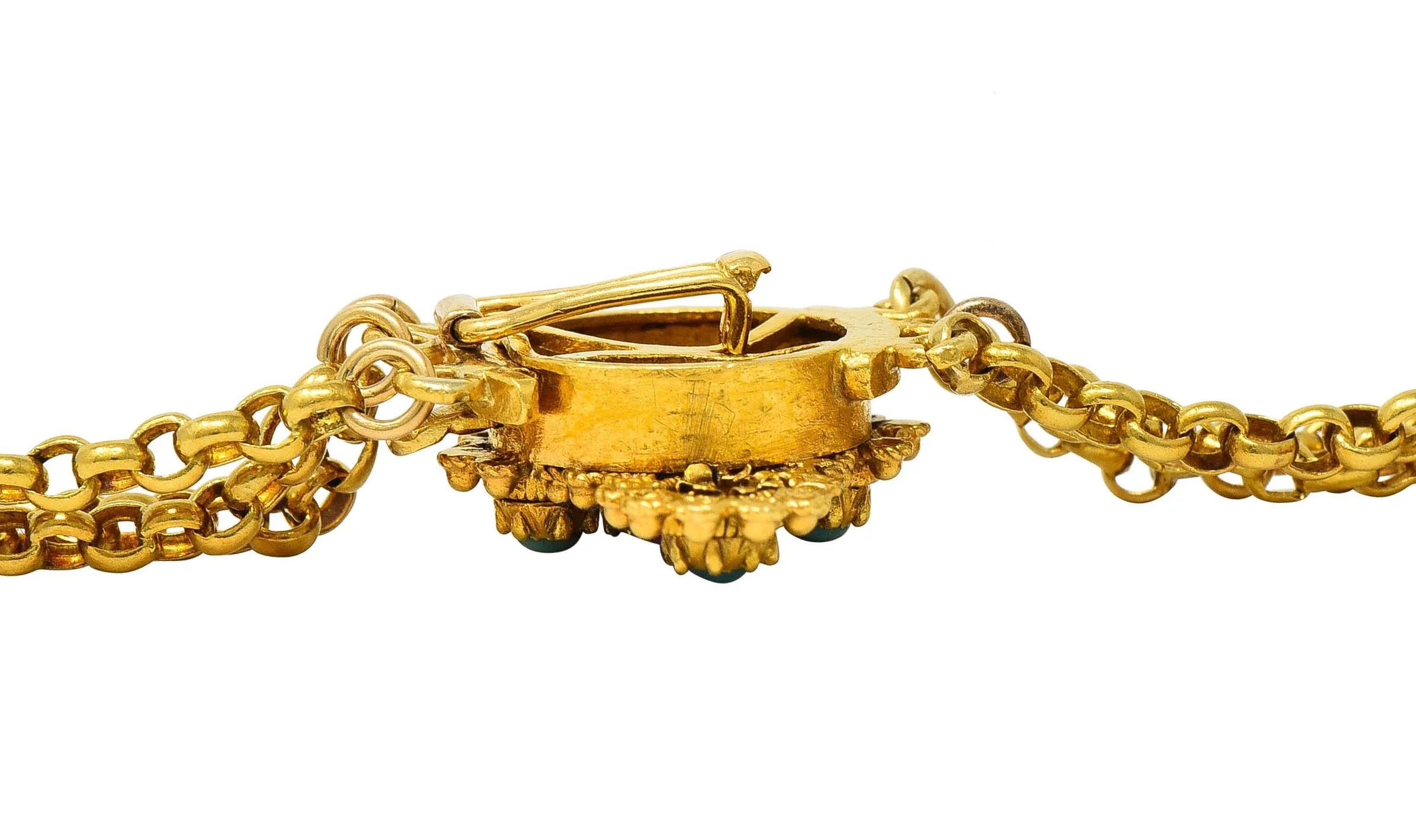 Victorian Etruscan Revival Pink Sapphire Turquoise 18 Karat Gold Antique Swagged Station Necklace - Image 11