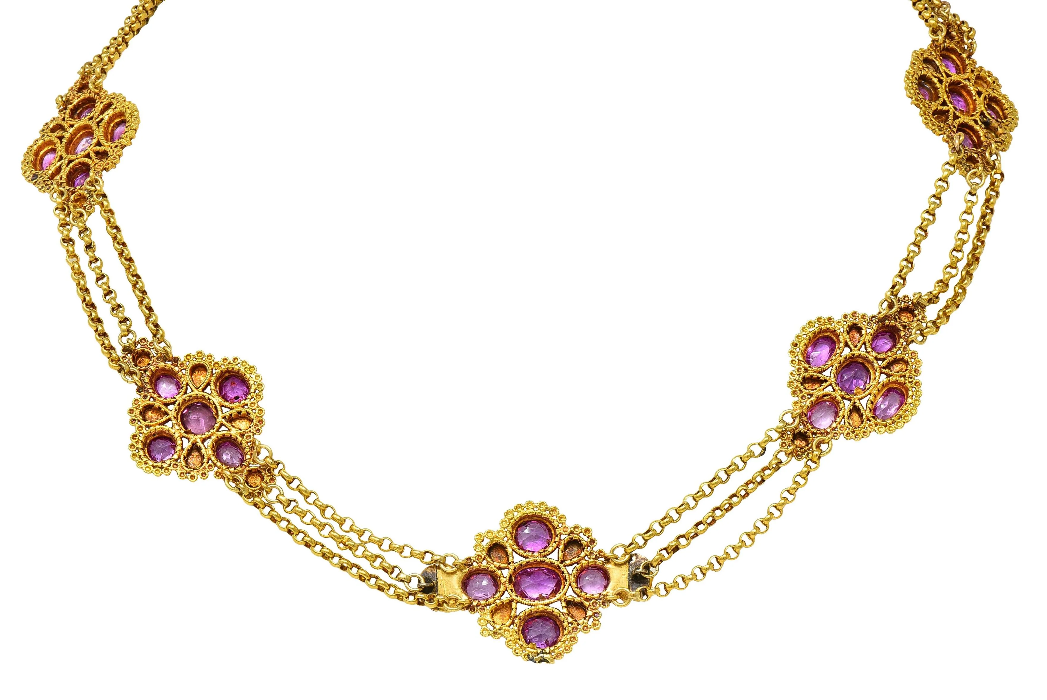 Victorian Etruscan Revival Pink Sapphire Turquoise 18 Karat Gold Antique Swagged Station Necklace - Image 12