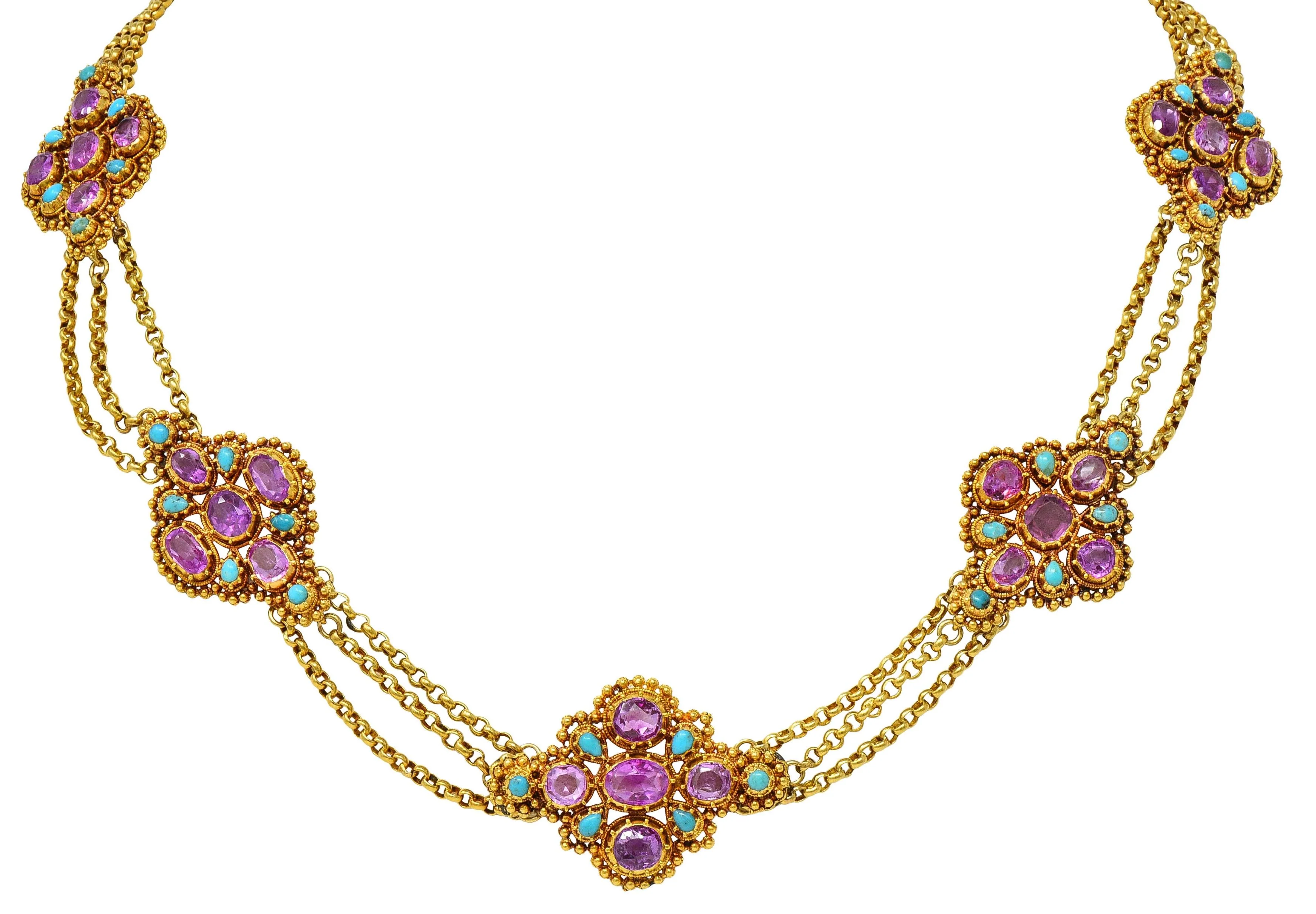 Victorian Etruscan Revival Pink Sapphire Turquoise 18 Karat Gold Antique Swagged Station Necklace - Image 13