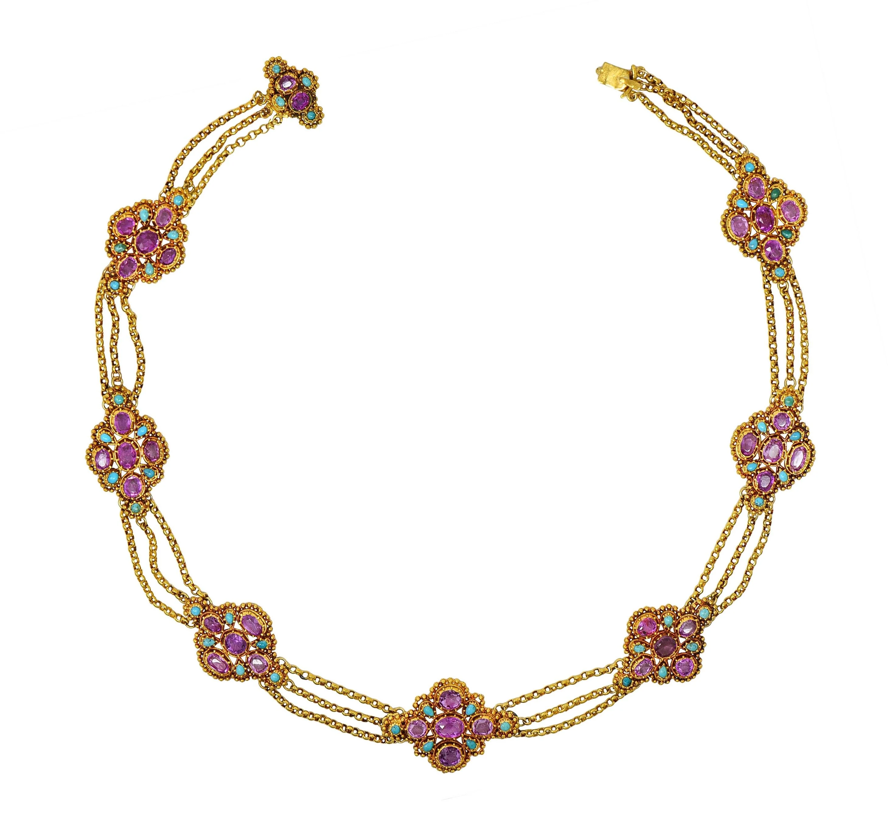 Victorian Etruscan Revival Pink Sapphire Turquoise 18 Karat Gold Antique Swagged Station Necklace - Image 3