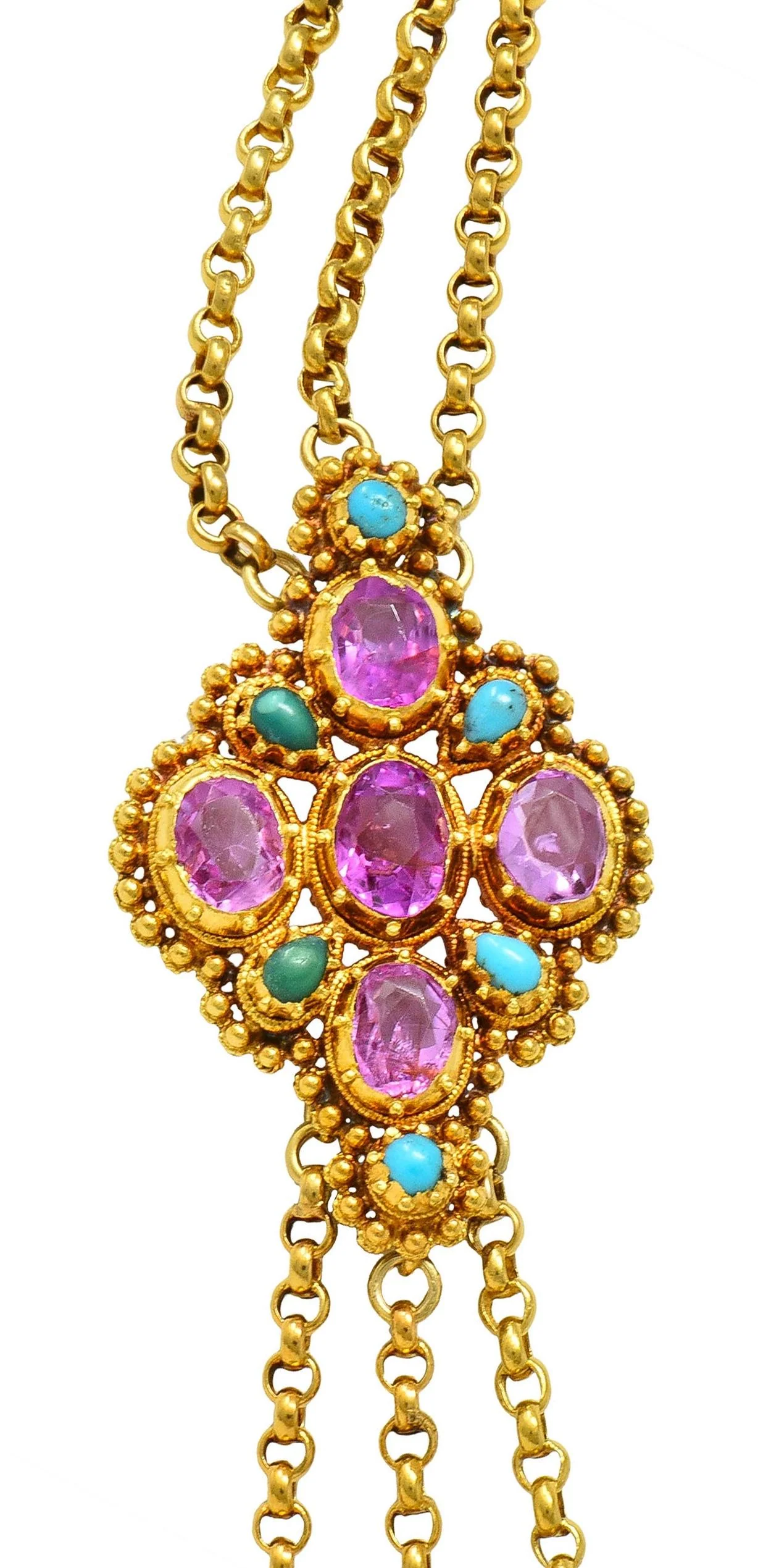 Victorian Etruscan Revival Pink Sapphire Turquoise 18 Karat Gold Antique Swagged Station Necklace - Image 4