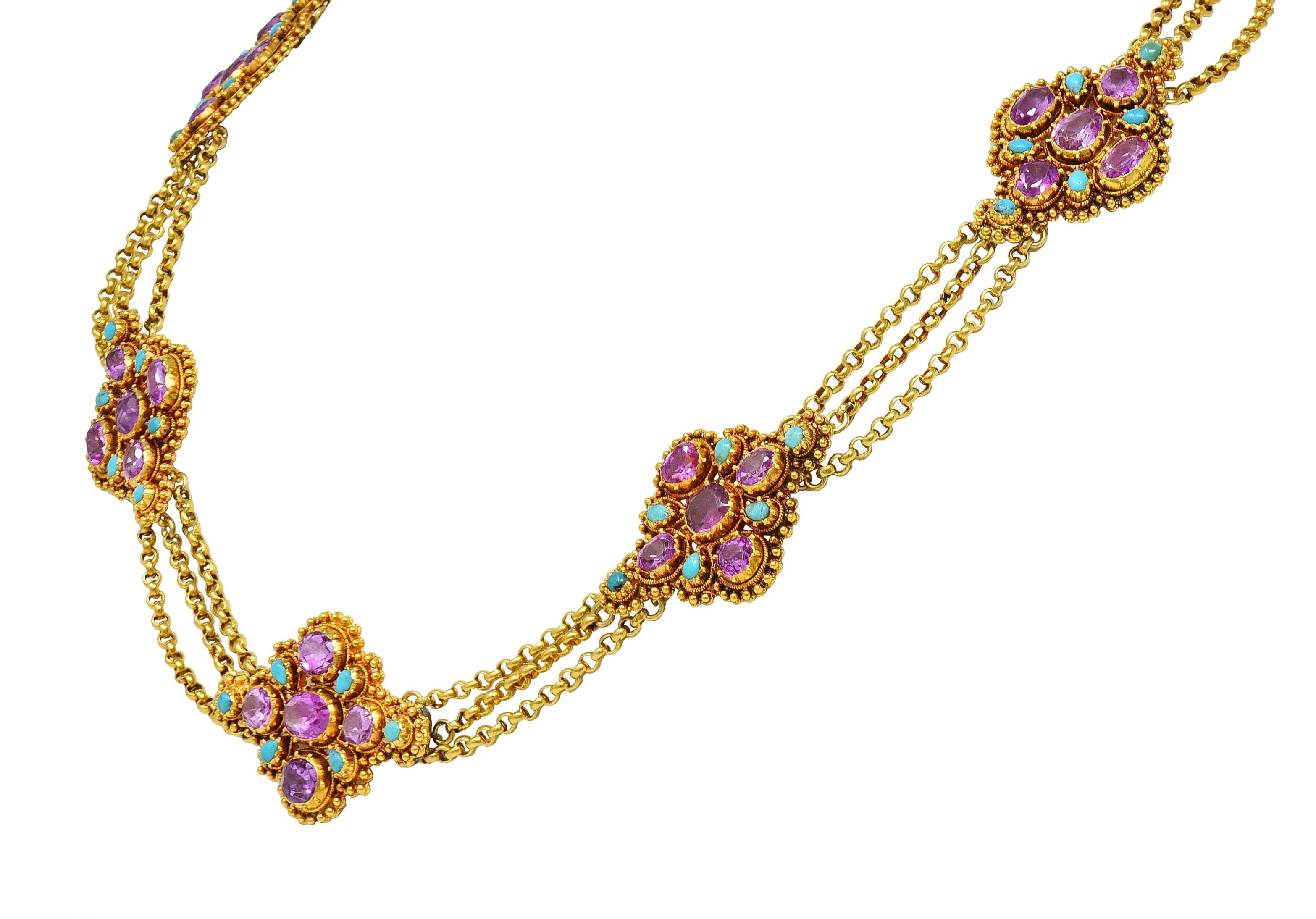 Victorian Etruscan Revival Pink Sapphire Turquoise 18 Karat Gold Antique Swagged Station Necklace - Image 5