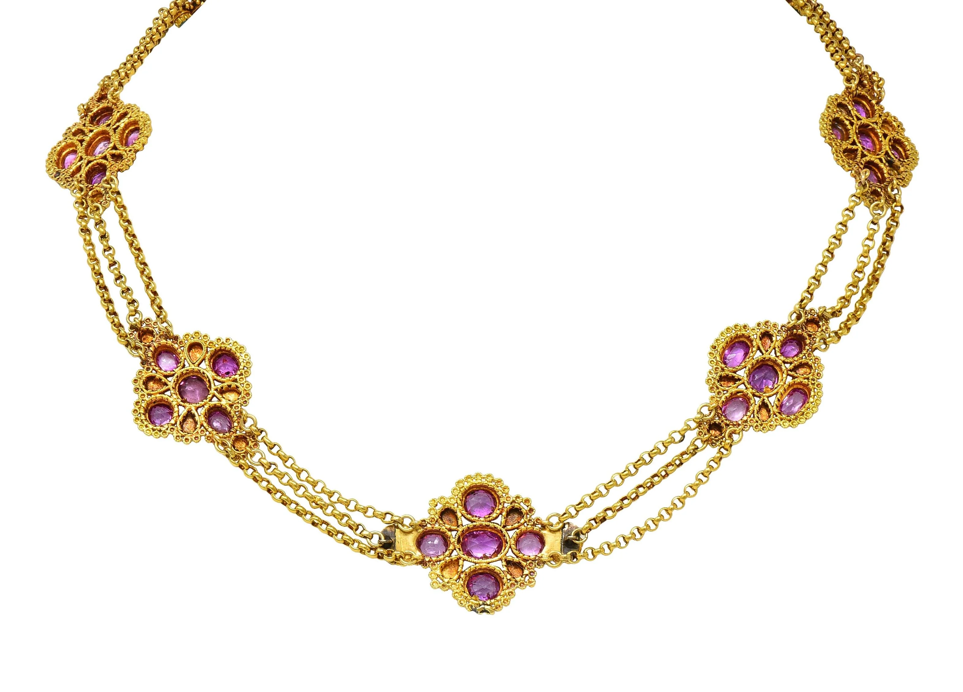 Victorian Etruscan Revival Pink Sapphire Turquoise 18 Karat Gold Antique Swagged Station Necklace - Image 6