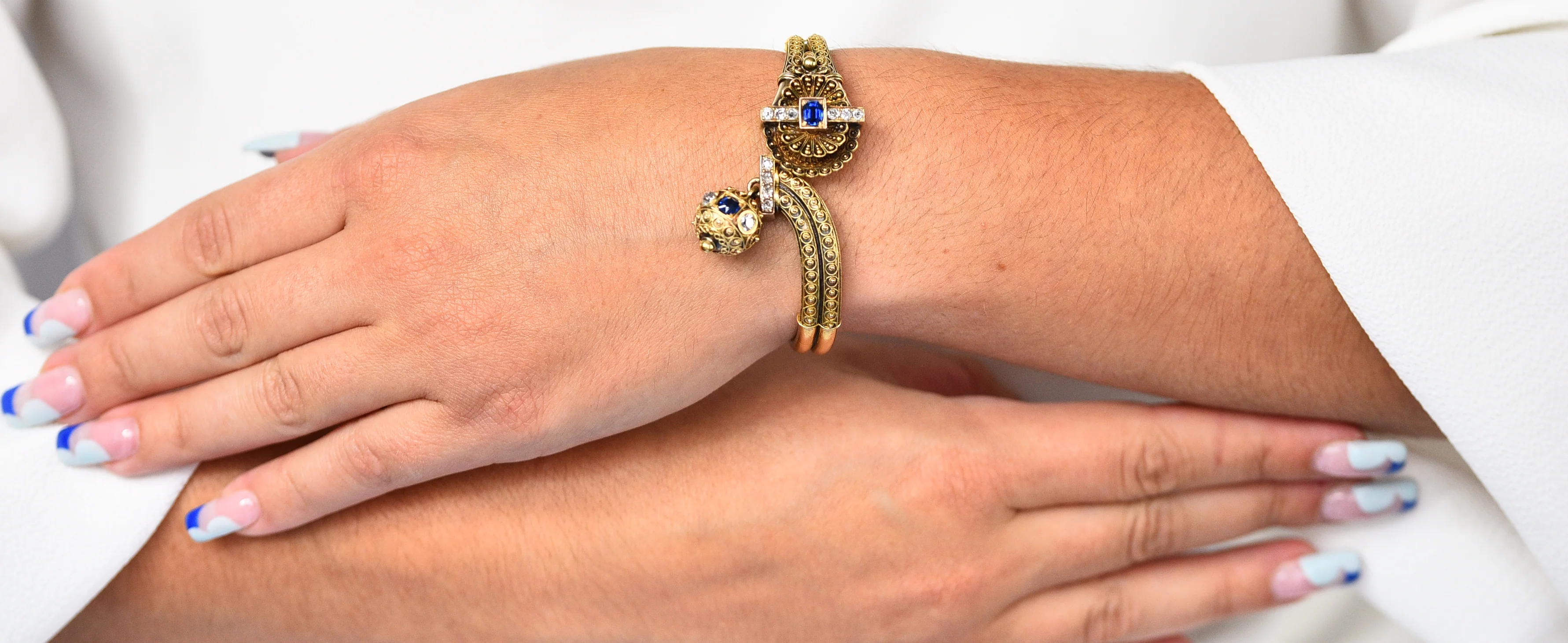 Victorian Etruscan Revival Sapphire Diamond 14 Karat Gold Cuff Bracelet - Image 14