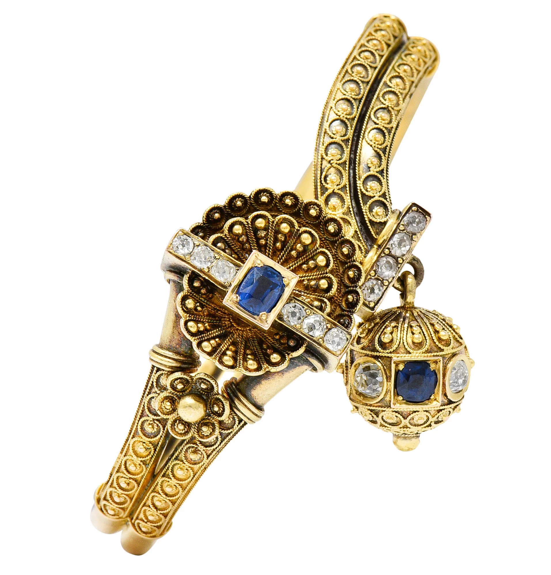 Victorian Etruscan Revival Sapphire Diamond 14 Karat Gold Cuff Bracelet - Image 2